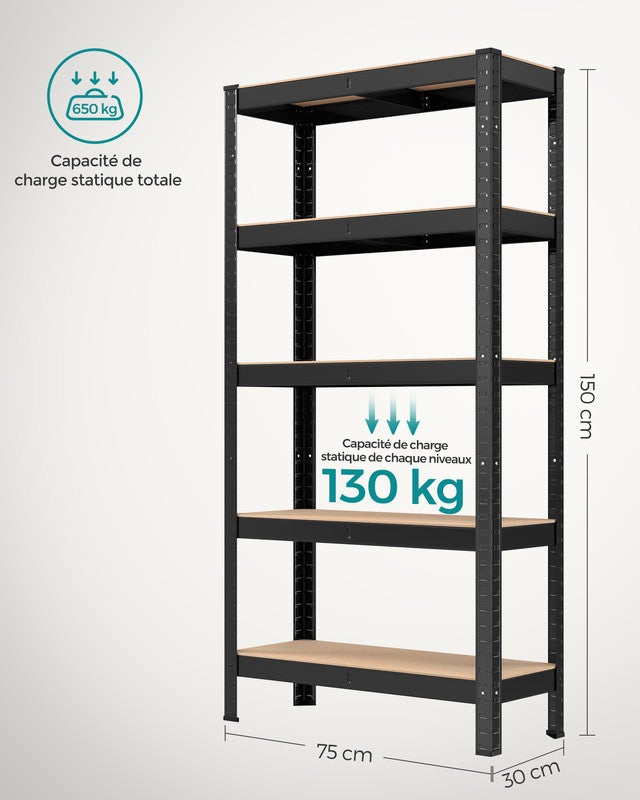 Étagère de Rangement à 5 Niveaux, Lot de 2, 30 x 75 x 150 cm, Capacité 650 kg, Planches Réglables, Style Industriel, pour Cuisine, Salon, Noir - 5