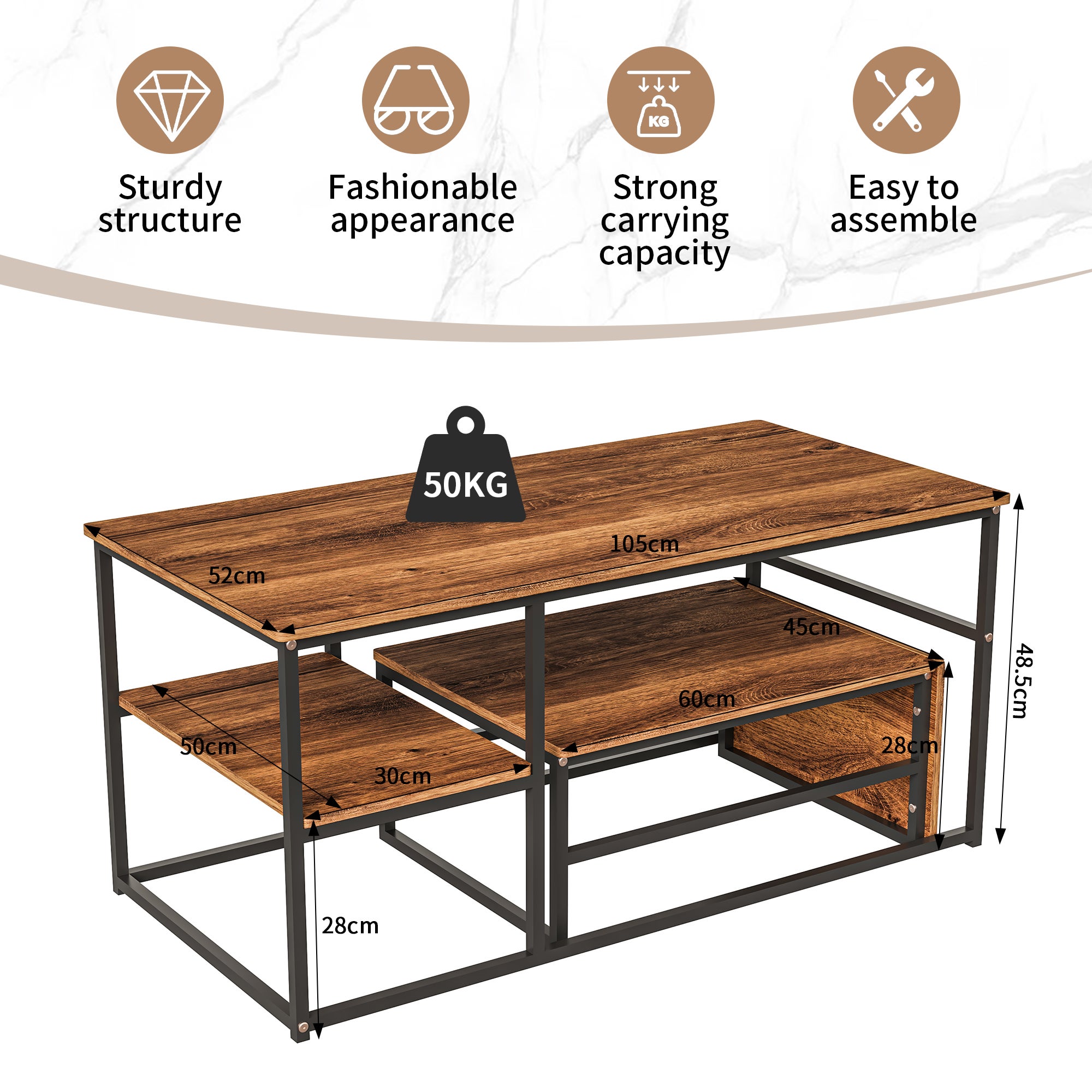 Ensemble de 2 Tables Basses Rectangle, Tables Gigognes de Salon Modernes avec Pieds en Métal, Panneau à grain de bois, Brun(105 x 52 x 48.5cm) - 2