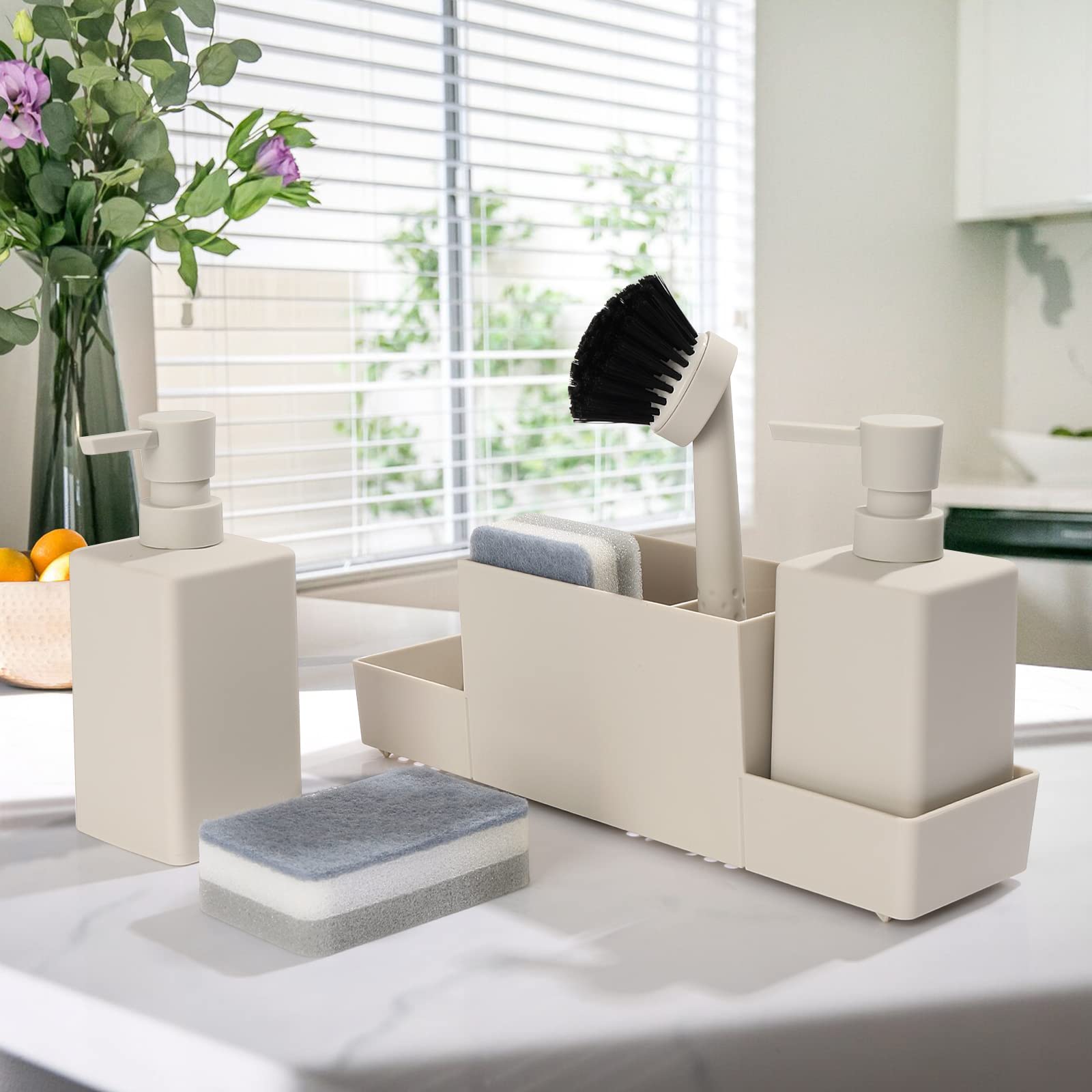Dispenser Di Sapone Con Spugna Integrata Jiahome - Erogatore A Pompa Elegante Per Lavello Della Cucina, Contenitore Porta Spugna