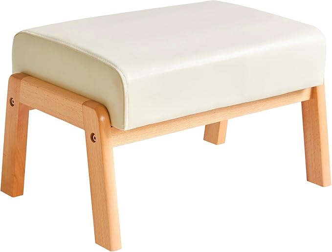 10.2”h pequeño reposapiés otomana, rectángulo pu cuero reposapiés taburete con asiento acolchado y patas de madera, blanco wbd013w