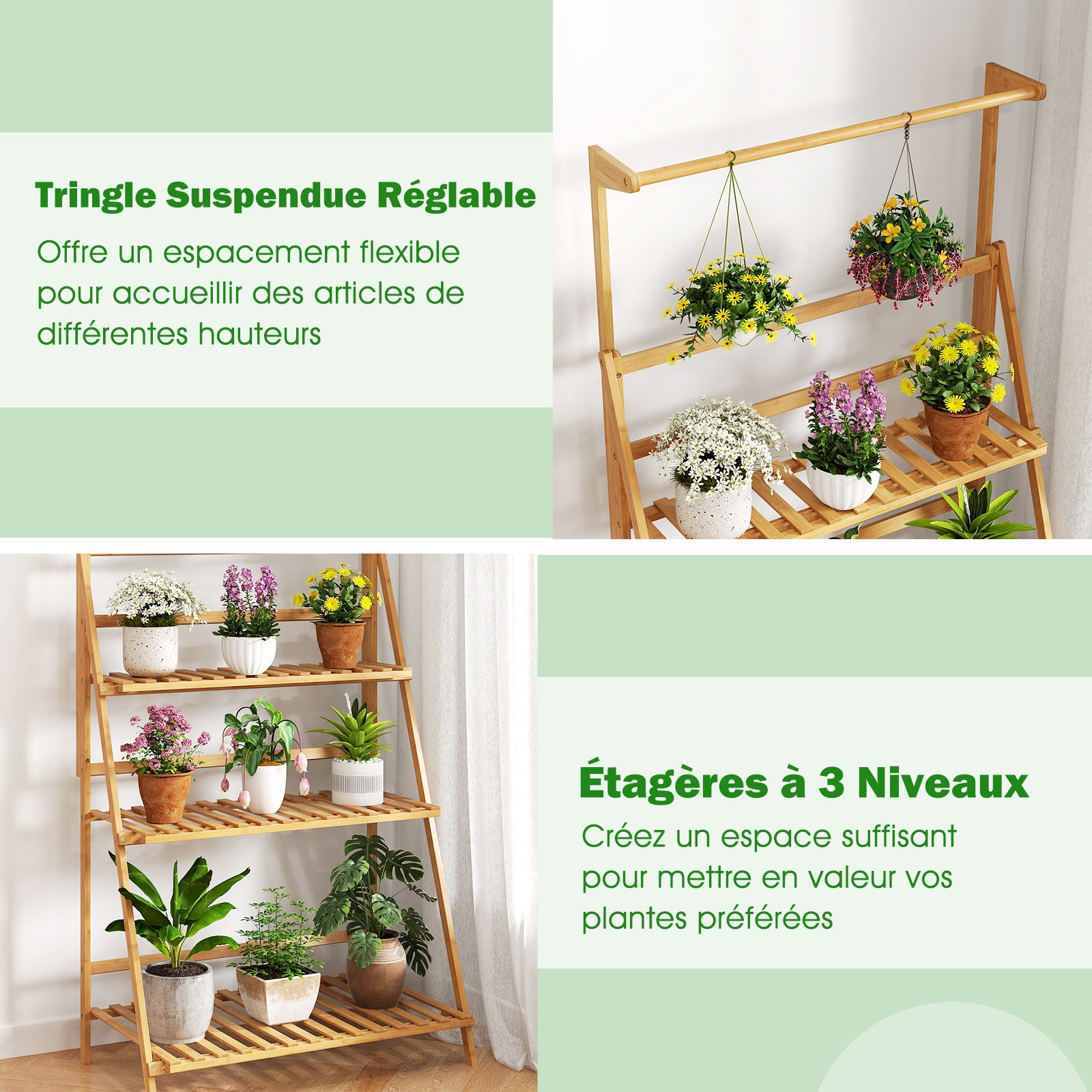 Etagère de jardin pliables à 3 niveaux de rangement, Support Plantes Interieur, 71×40×120-144 cm, bambou brut - 8