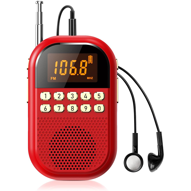 Kieszonkowe radio AM/FM: akumulator o pojemności 1100 mAh, wyposażony w duży głośnik, wygodny w użyciu podczas chodzenia, w kolorze czerwonym.