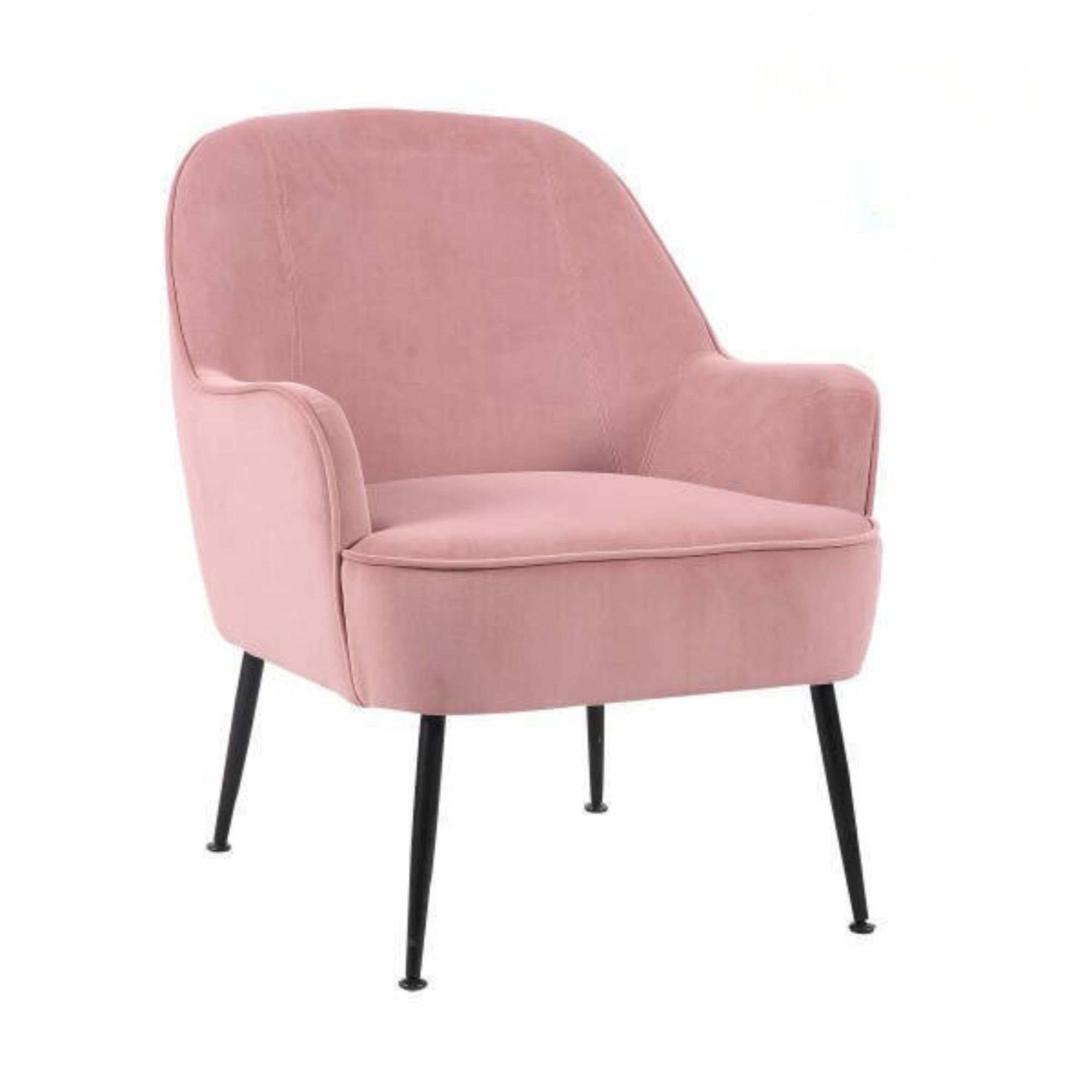 Butaca fija tapizada en tela velvet rosa con estructura de madera y patas metálicas negras – medidas: 66x66x80 cm, estilo elegante y sofisticado