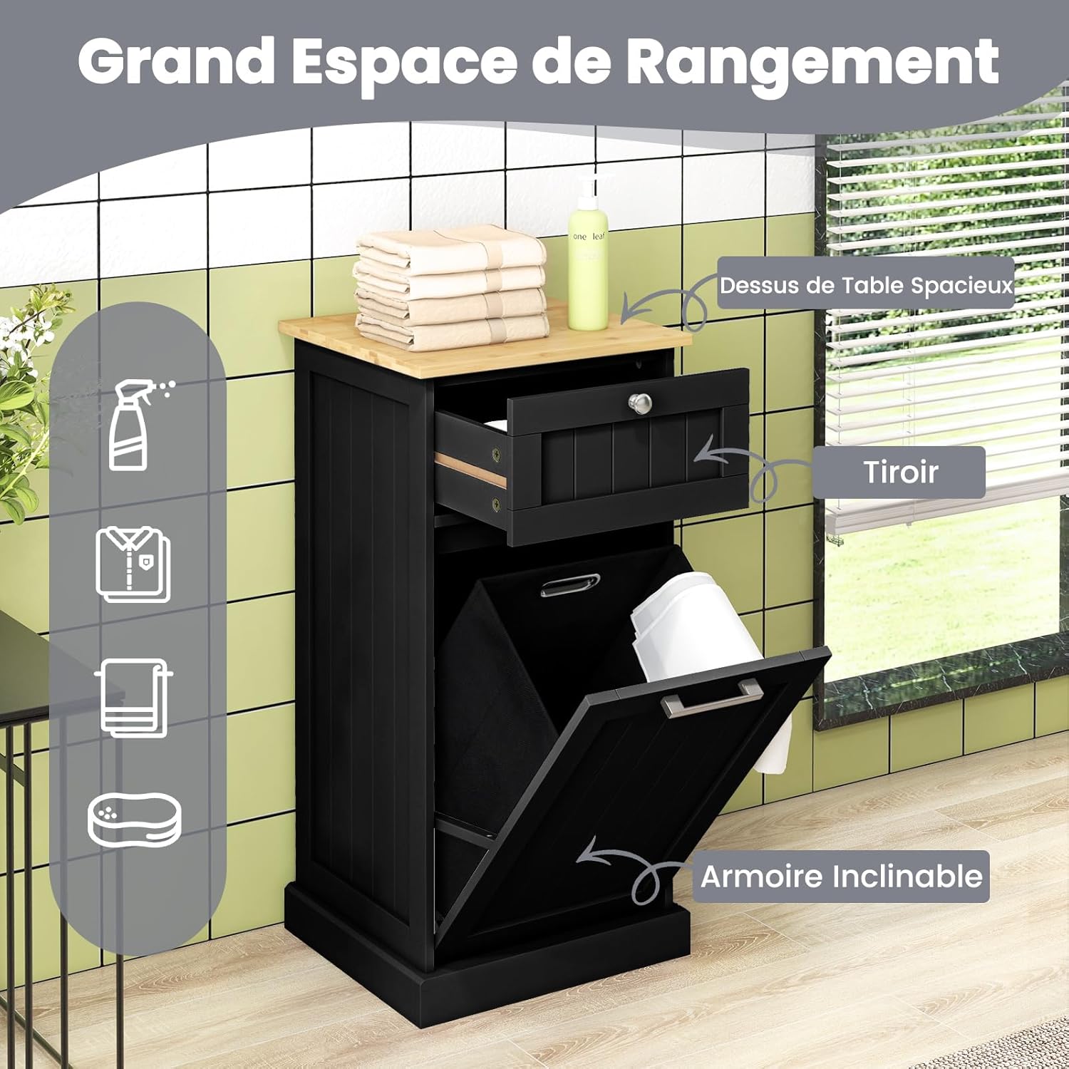 Panier à Linge avec Porte Basculante 38L, Meuble Salle de Bain Rangement 40 x 37 x 82 cm, Gain de Place, pour Petit Espace, Noir - 6