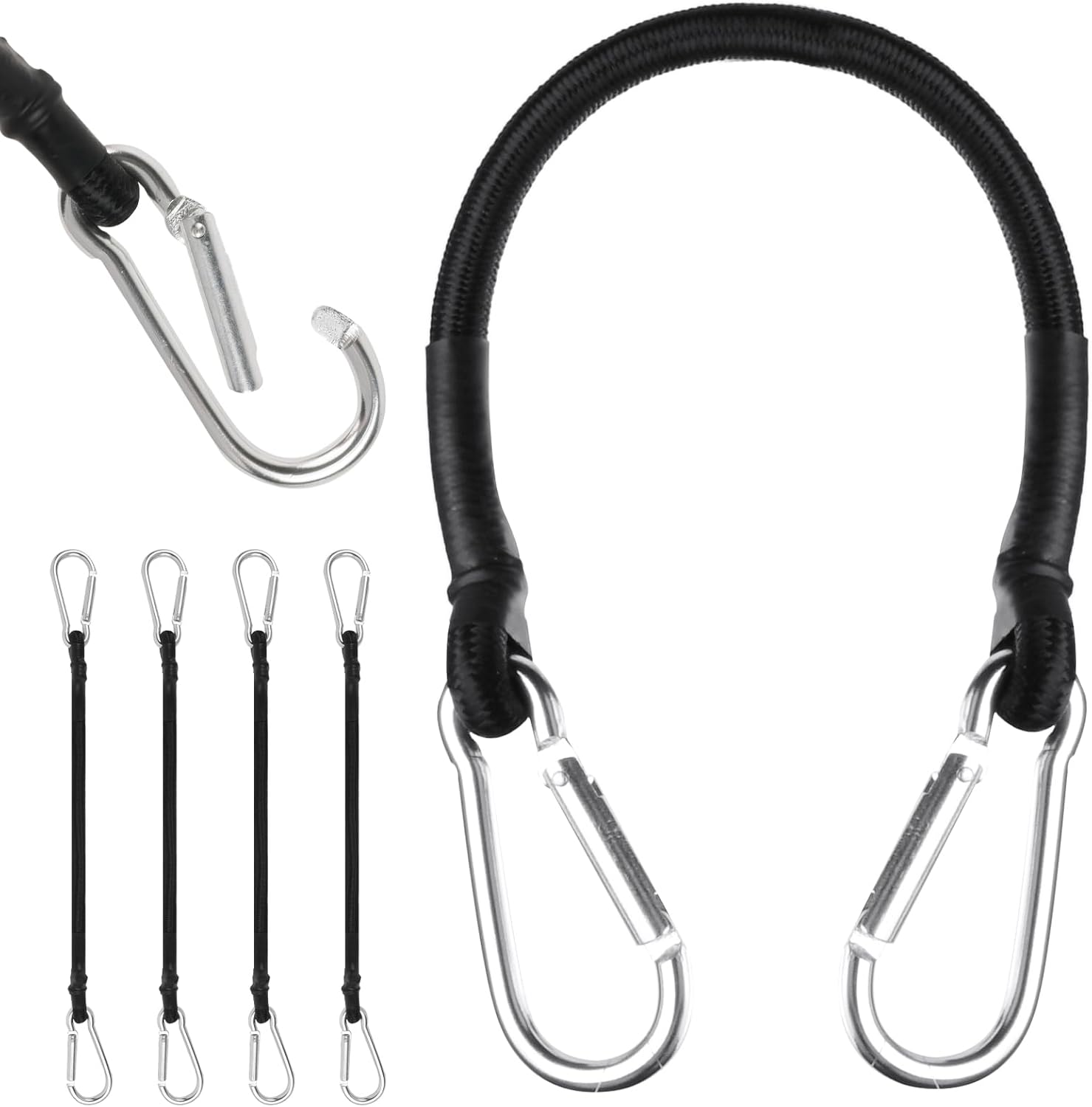 Liny bungee z karabińczykami, 4-częściowe, wytrzymałe liny bungee, 30 cm, elastyczna linka bagażowa, z haczykami do kempingu, plandek, namiotów, bagaż