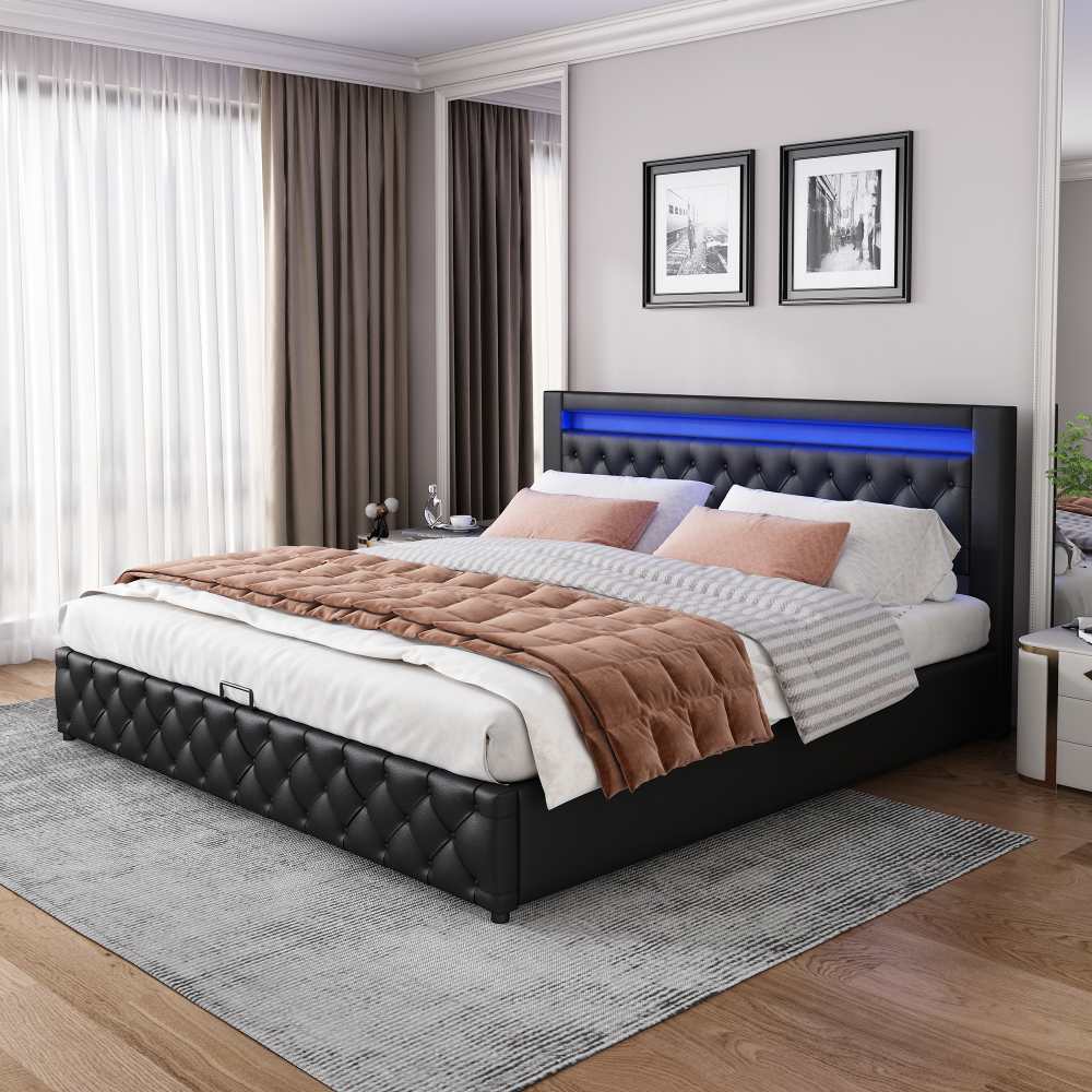 Wielofunkcyjne łóżko tapicerowane PU 140x200 cm z pojemnikiem i oświetleniem LED – Nowoczesny komfort