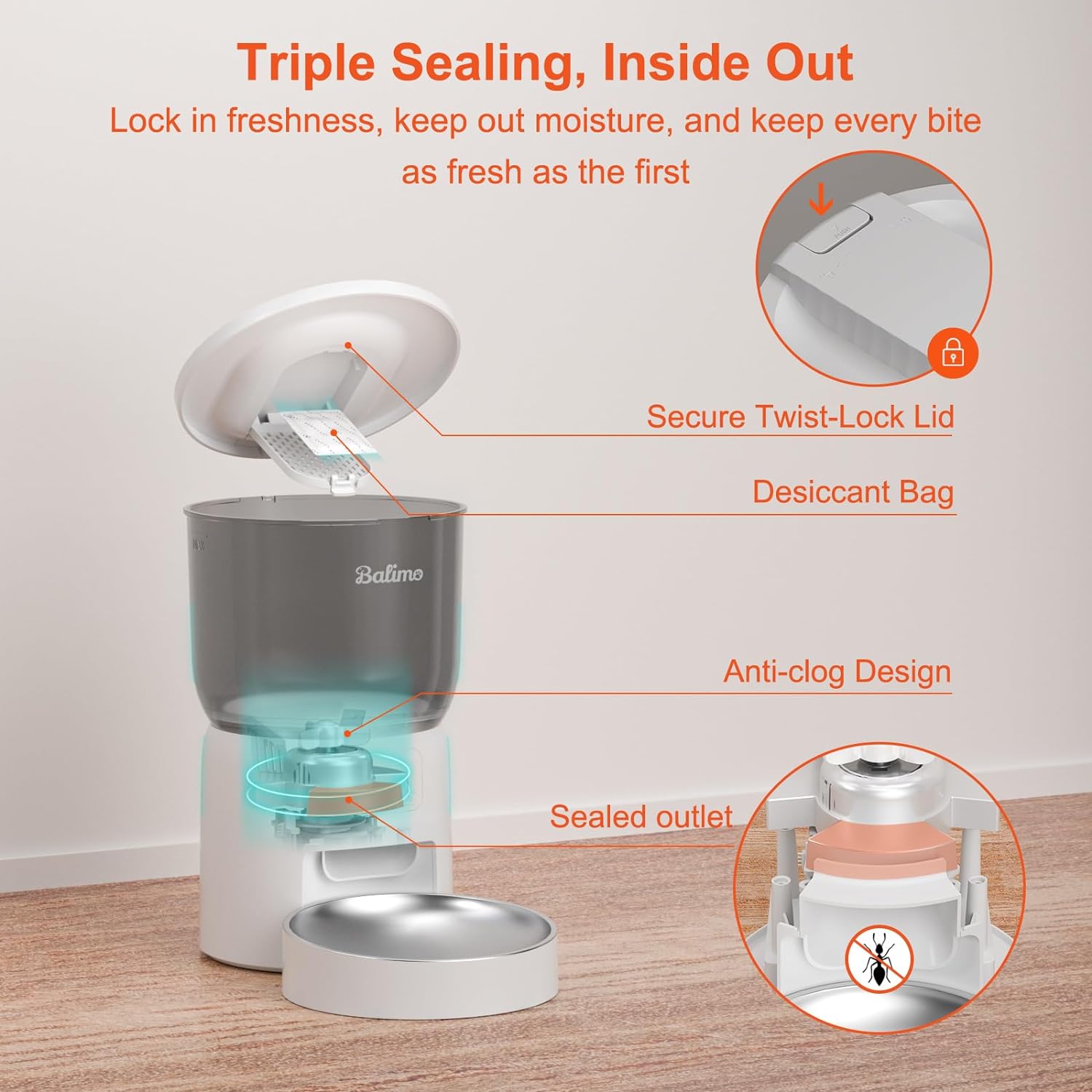 BalimoPet 3L Distributeur de Croquettes Blanc pour Chat/Chien, ,Minuterie Programmable/Fonction Enregistrement,avec Bol en Inox,Jusqu'à 6 Repas/Jour - 4