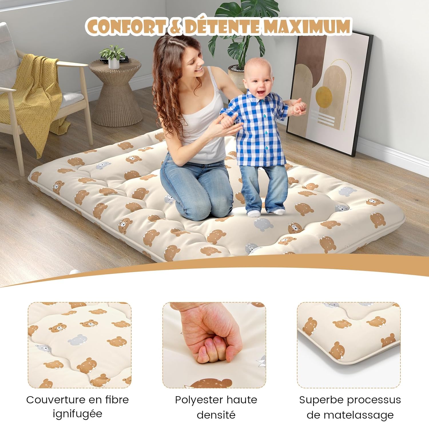 Matelas Futon Japonais 2 Personnes 140x200CM, Lit de Couchage Enroulable de Sol Pliable et Portable avec Sac de Transport pour Camping, Voyages, Ours - 2
