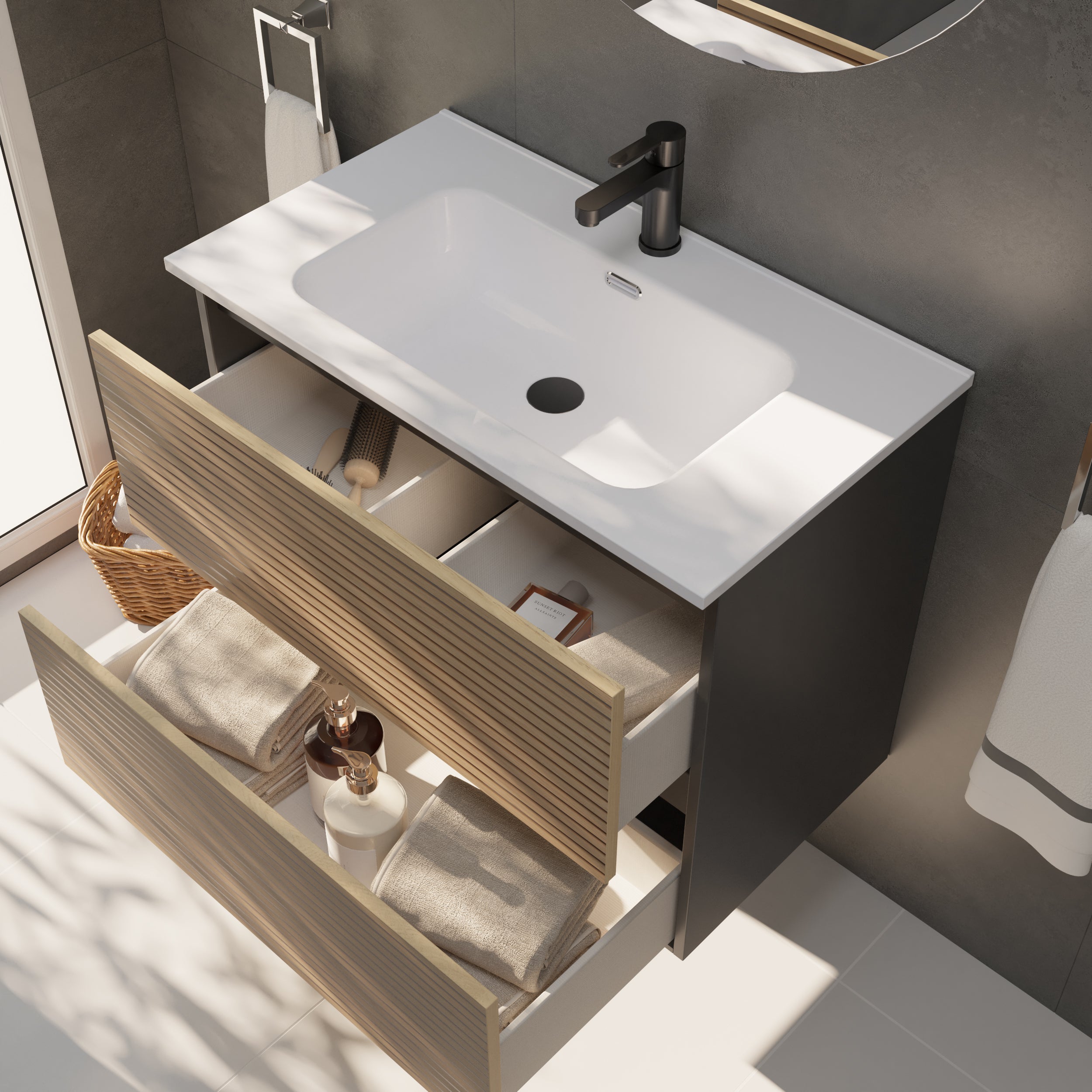 CONJUNTO DE BAÑO YINU | 80 CM NEGRO - SOLOMON | DOS CAJONES | LAVABO ENCASTRADO | NO INCLUYE ESPEJO | ALDAY - 2