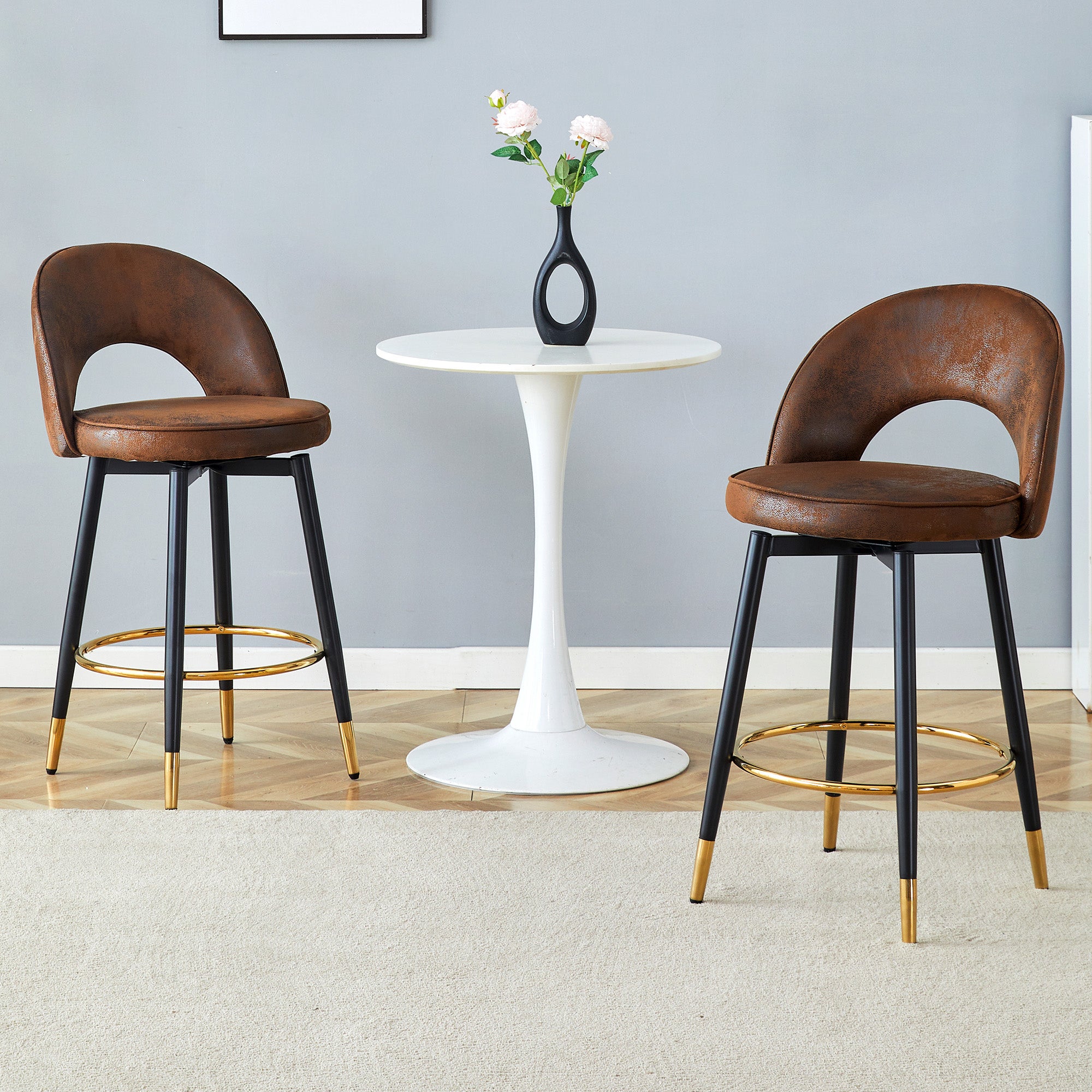 Lot de 2 Tabourets chaise de bar Pivotants à 360° Brun, Chaise salle a manger avec Dossier Ajouré, Chaise de salon Structure Métallique, Tissu en PU - 2