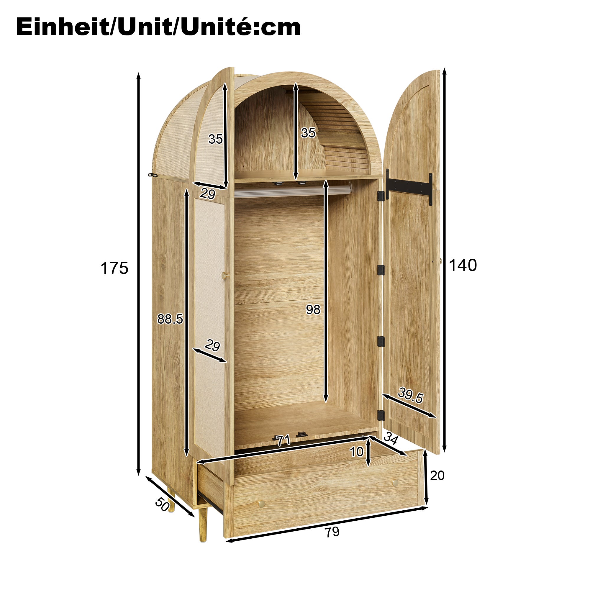 Szafa 79x50x175cm - 2 drzwi i 1 szuflada - Wykończenie dębowe - Nogi drewniane - Płyta MDF - Naturalna - 6