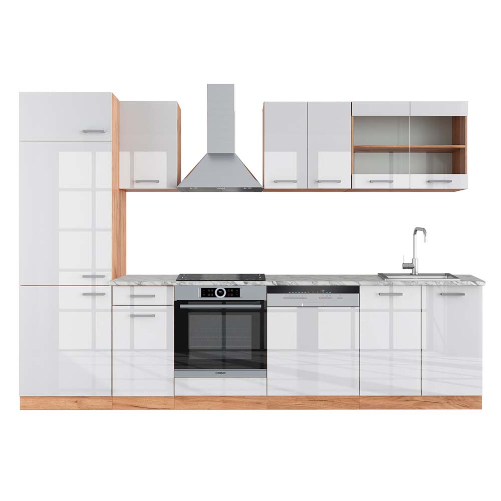Vicco Aneks kuchenny R-Line, Biały wysoki połysk/złoty dąb power, 300 cm , BP Marmur