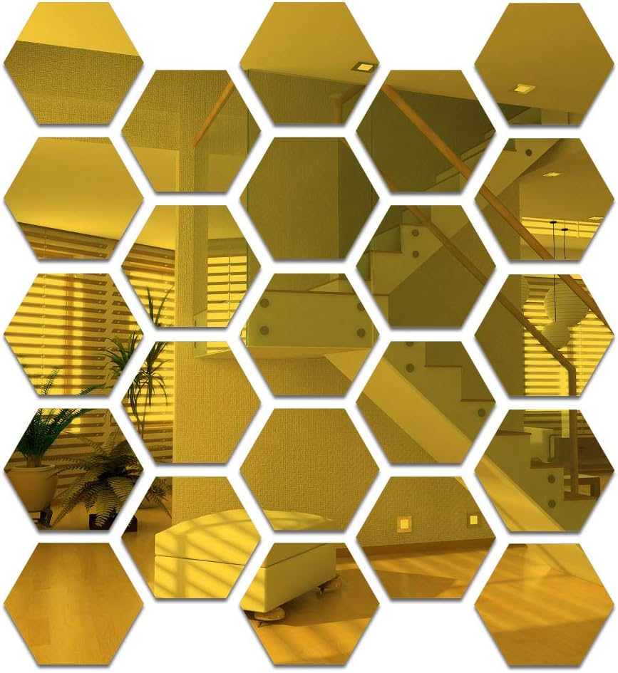 Lustro akrylowe sześciokątne, elastyczna samoprzylepna folia, lustro artystyczne DIY, dekoracja ścienna w kolorze złotym, 24 sztuki - średnica 12,6 c