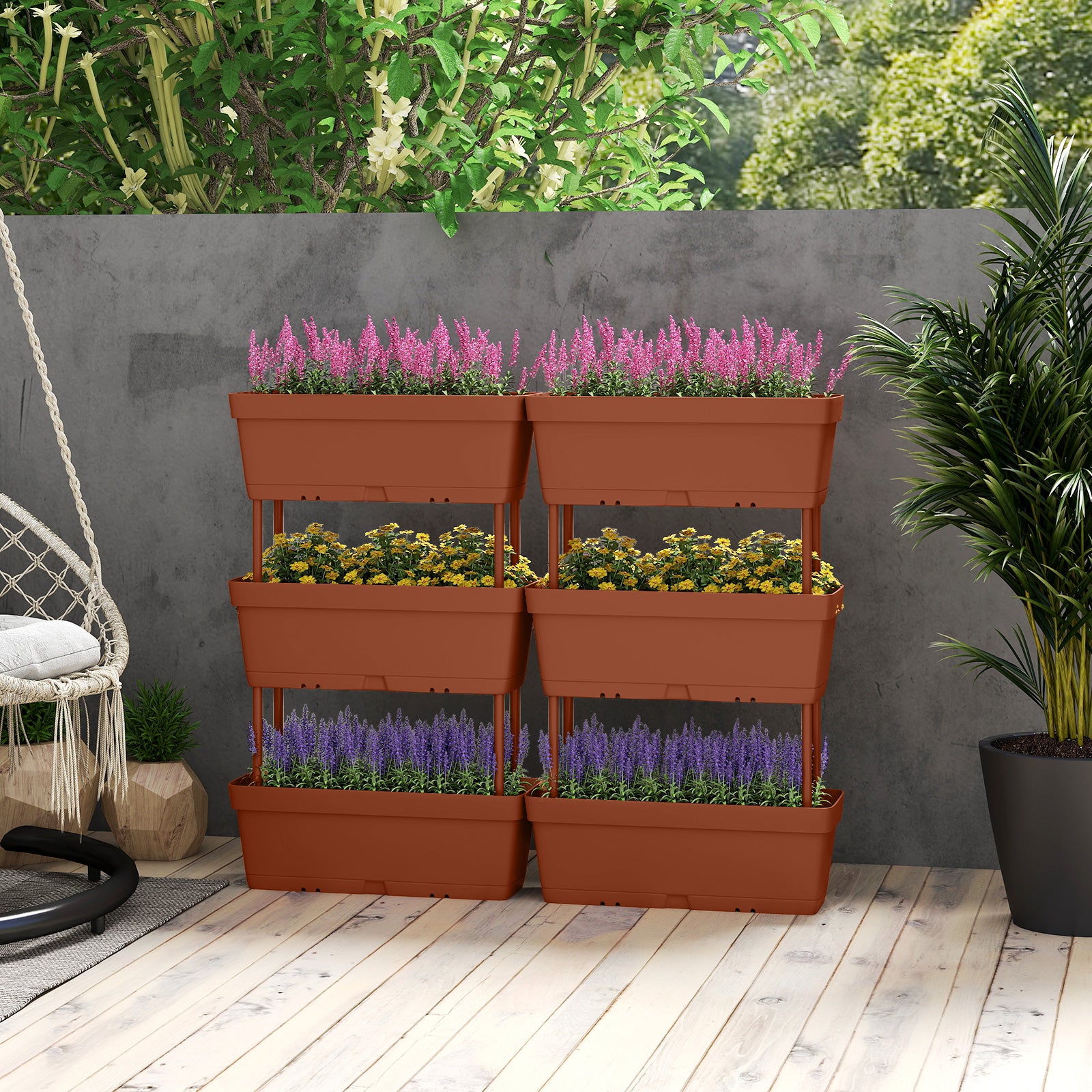 Jardinière Surélevée Vertical avec 6 Bacs de Plantation Trous de Drainage, Lit de Jardin Arrangement DIY pour Fruits Légumes Fleurs Herbes, Marron - 9