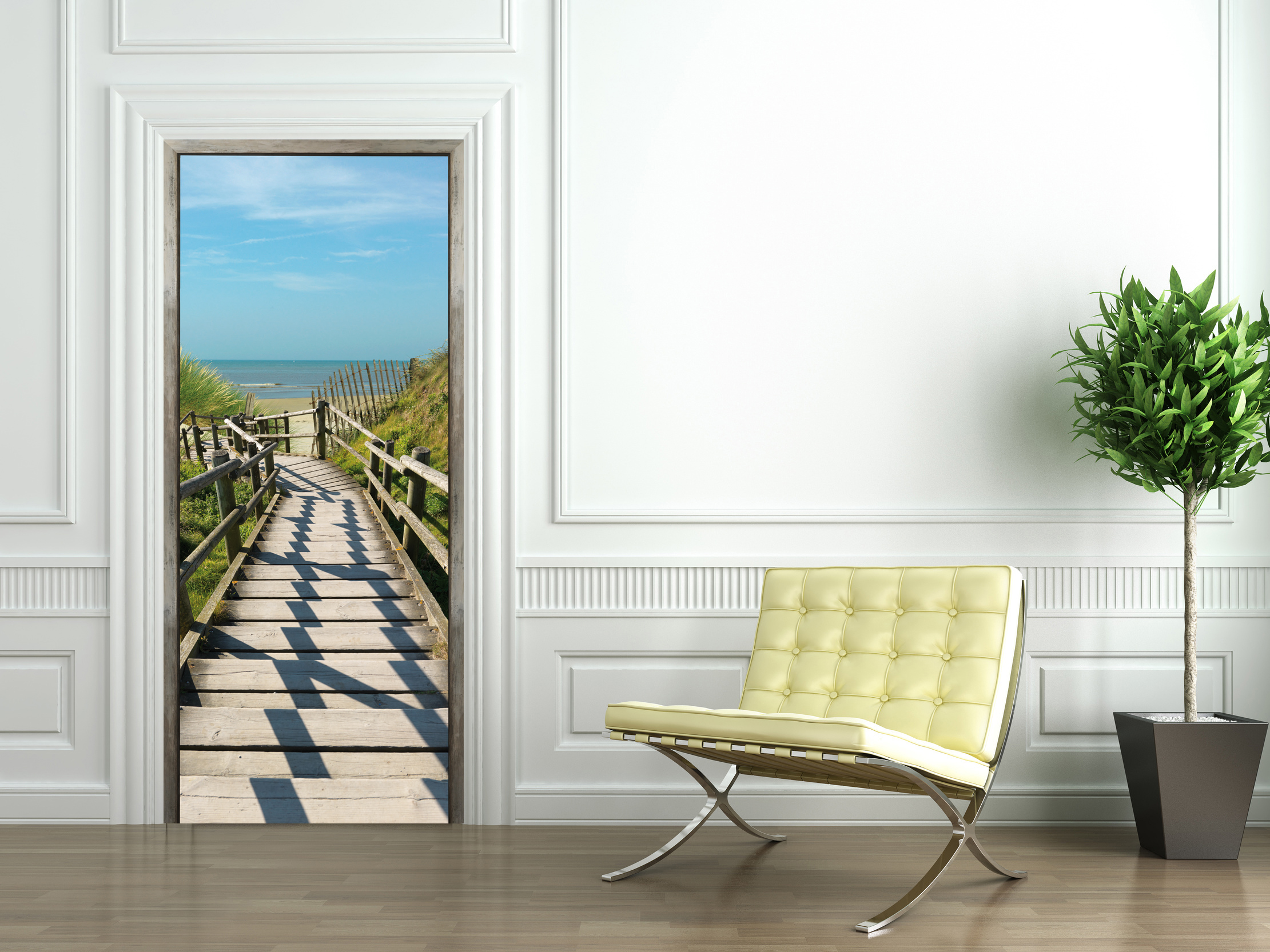 Pegatina decorativa de la puerta, trompe l'oeil marco de puerta de madera en escaleras de madera en las dunas, junto al mar, 204 cm x 83 cm