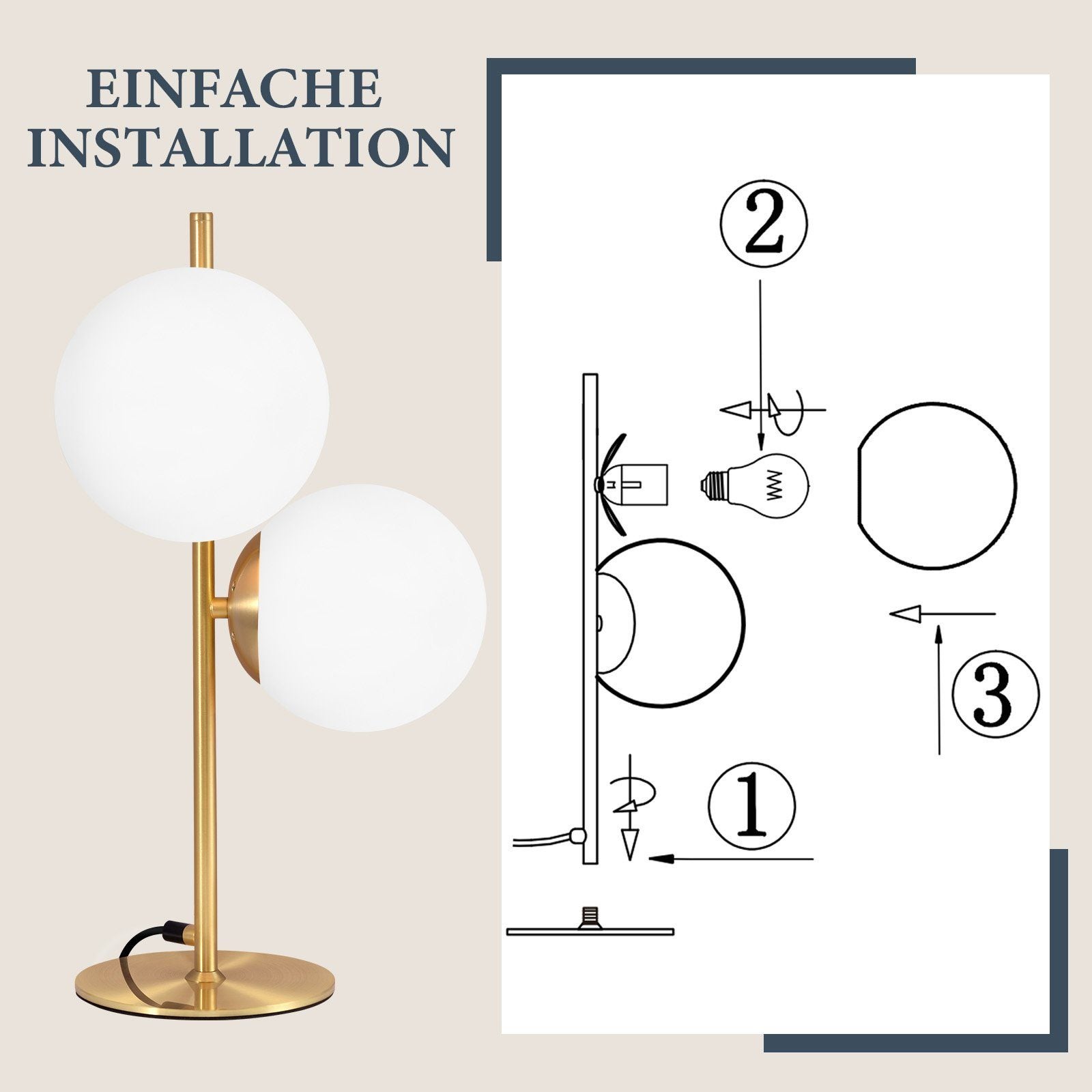 NETTLIFE lampe de table lampe de chevet moderne industrielle dorée 2 ampoules avec interrupteur design métal en verre blanc E27 - 6