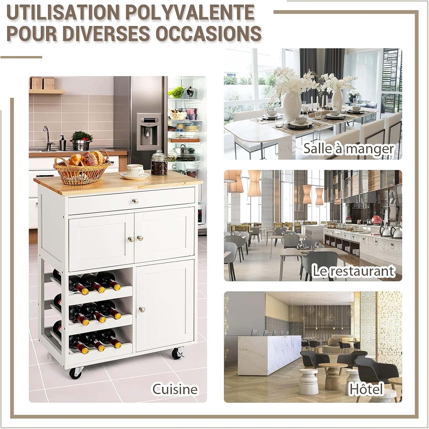 Aparador de cozinha com rodízios, tabuleiro de arrumação de cozinha em madeira de Hevea, gaveta, suporte para garrafas de 3 níveis e 2 pratele - 7