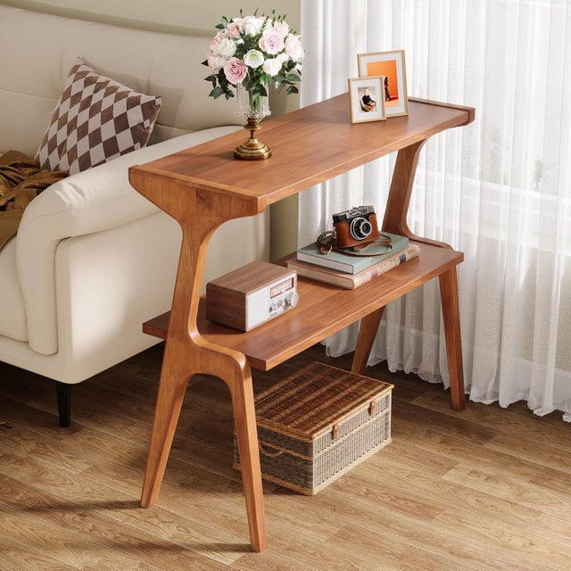 Tribesigns Table d'Appoint en Bois, Table de Chevet Étroite Moderne à 2 Niveaux avec Étagères de Rangement,Fini Cerise