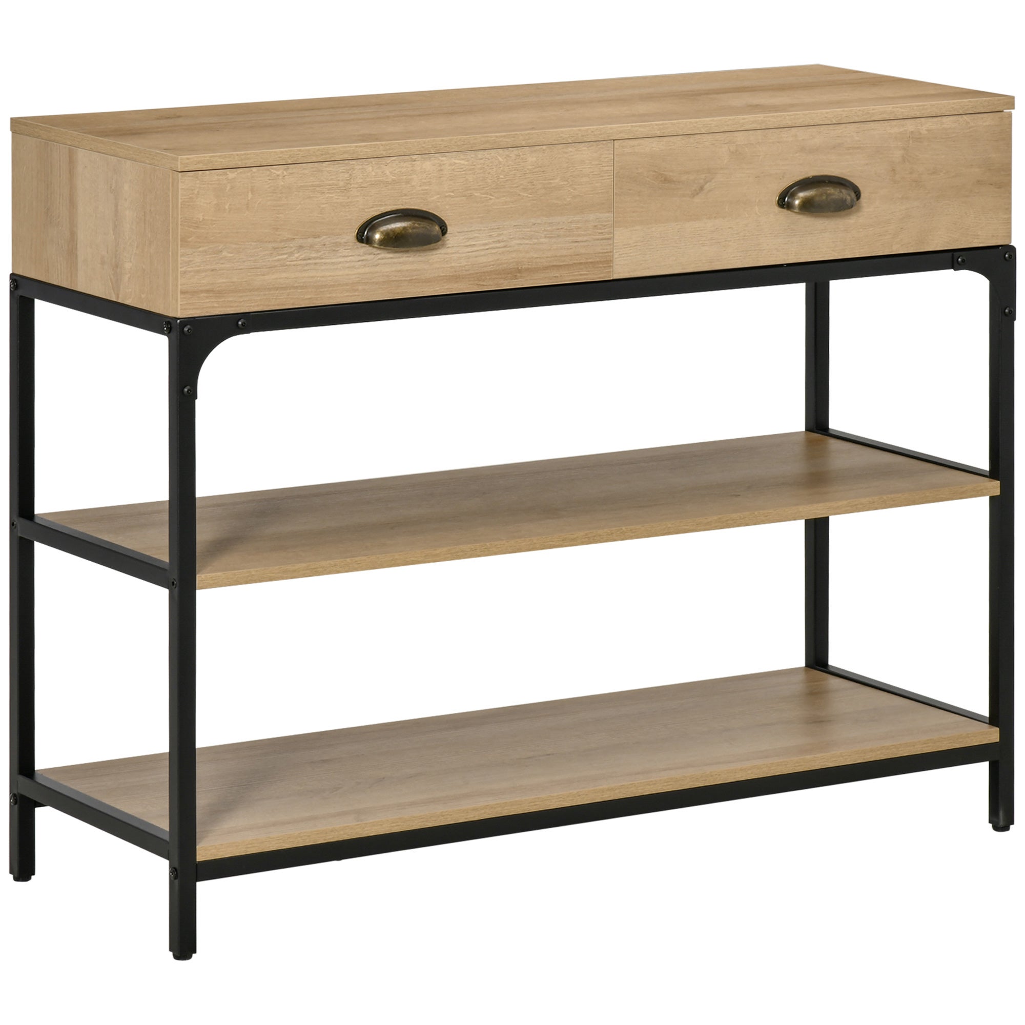 Juego de mesa y sillas infantiles, mesa de entrada con 2 cajones y 2 estantes de almacenamiento. estructura de acero. 100x35x79,2 cm. roble.