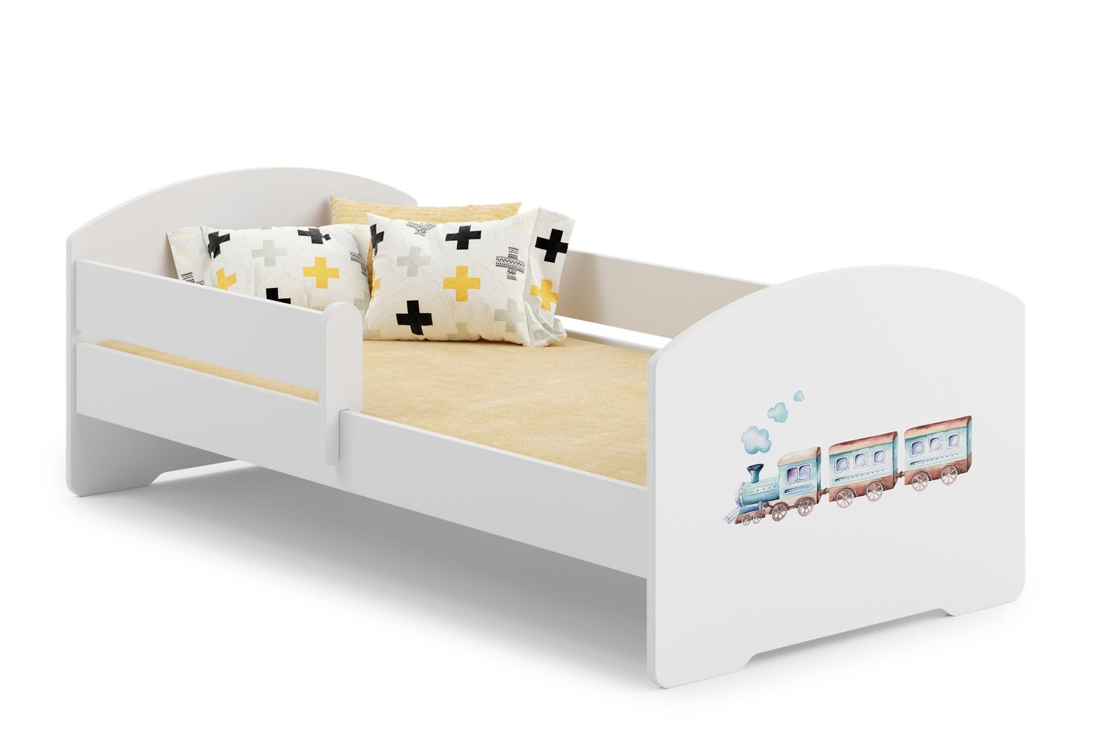 Białe Łóżko Dziecięce 140x70 cm z Motywem Pociągu i Barierką – W Zestawie Materac Piankowy i Pełna Konstrukcja, Wymiary: 144 x 77 x 56 cm