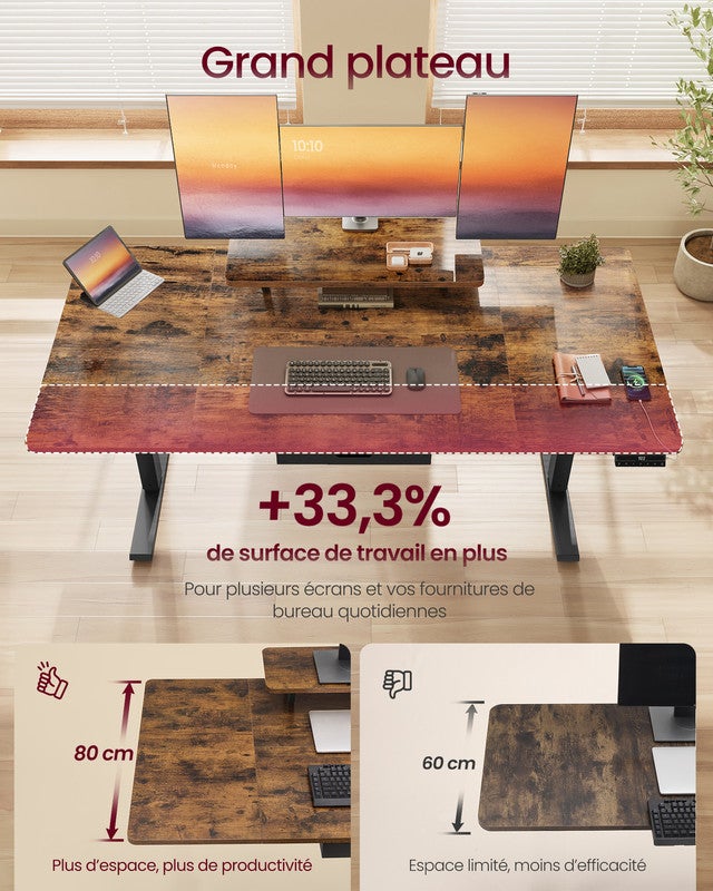 Bureau Électrique Réglable en Hauteur, 140 x 70 cm, Support d'Écran à Montage Flexible, Tiroir, Port USB-C, Rappel de Sédentarité, Marron Rustique - 3