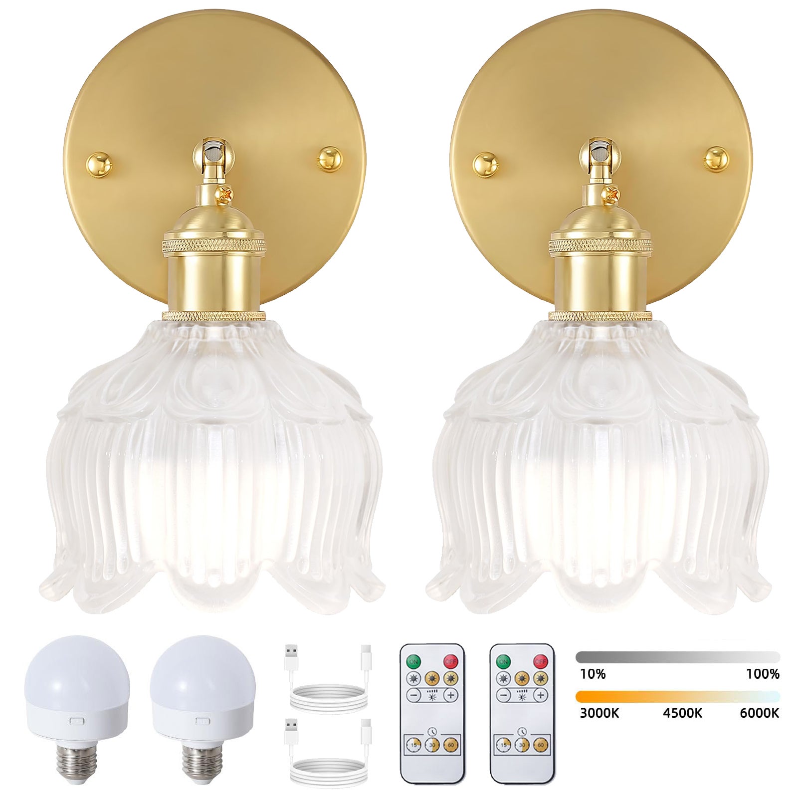 Paquete de 2 luces led de pared recargables con control remoto, lámpara de noche inalámbrica, regulable, 3 temperaturas de color, con bombilla