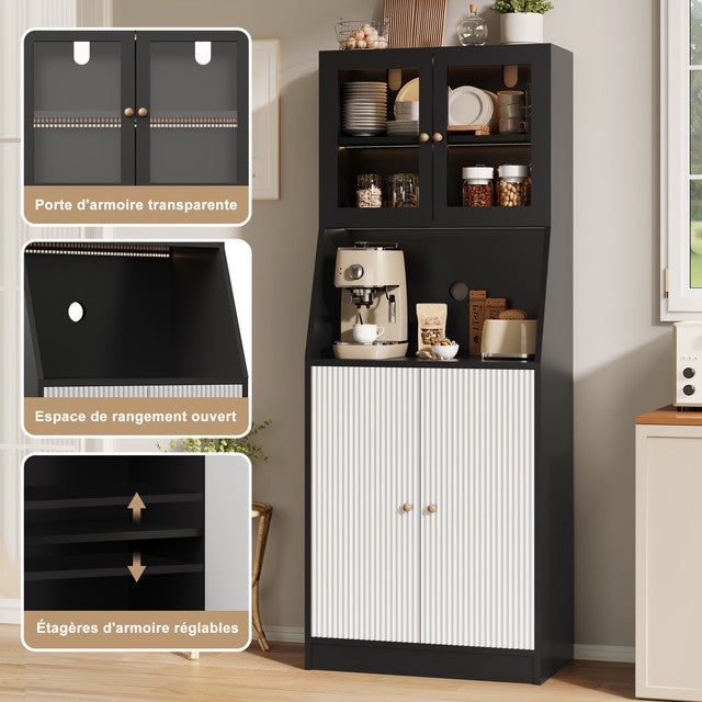 Armoire de Cuisine Colonne 180cm, Buffet avec Éclairage, Étagères Réglables, Plan de Travail et Portes en Verre Transparent, 70x40x180cm - 9