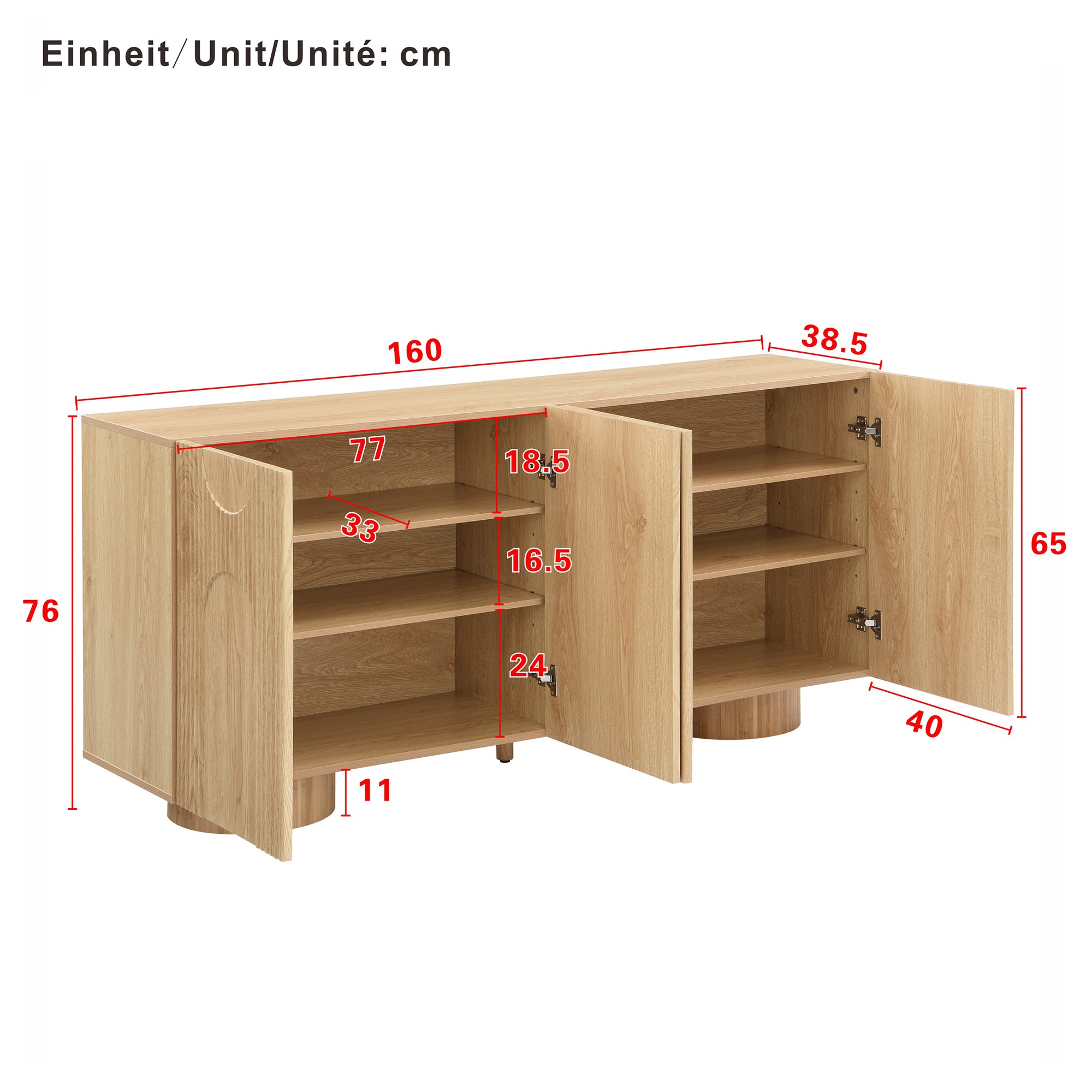 Komoda niska z 4 drzwiami i regulowanymi półkami - MDF + Bambus + Sosna - 160 × 38,5 × 76 cm - Drewno naturalne - 4