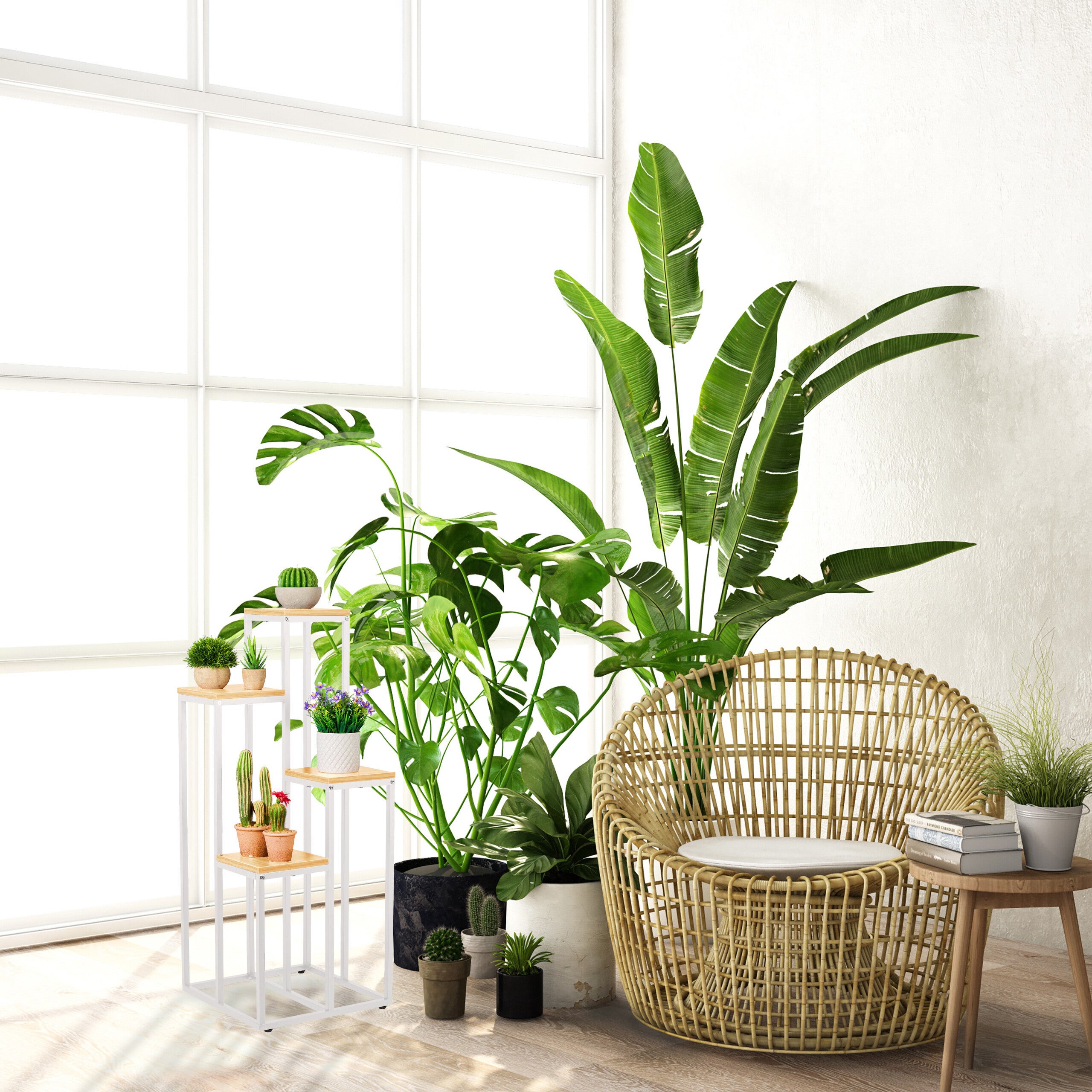 Étagère à plantes, 4 niveaux, 100x40x40 cm, peu encombrant, acier et MDF, escalier pour fleurs, blanc-nature, Relaxdays - 3