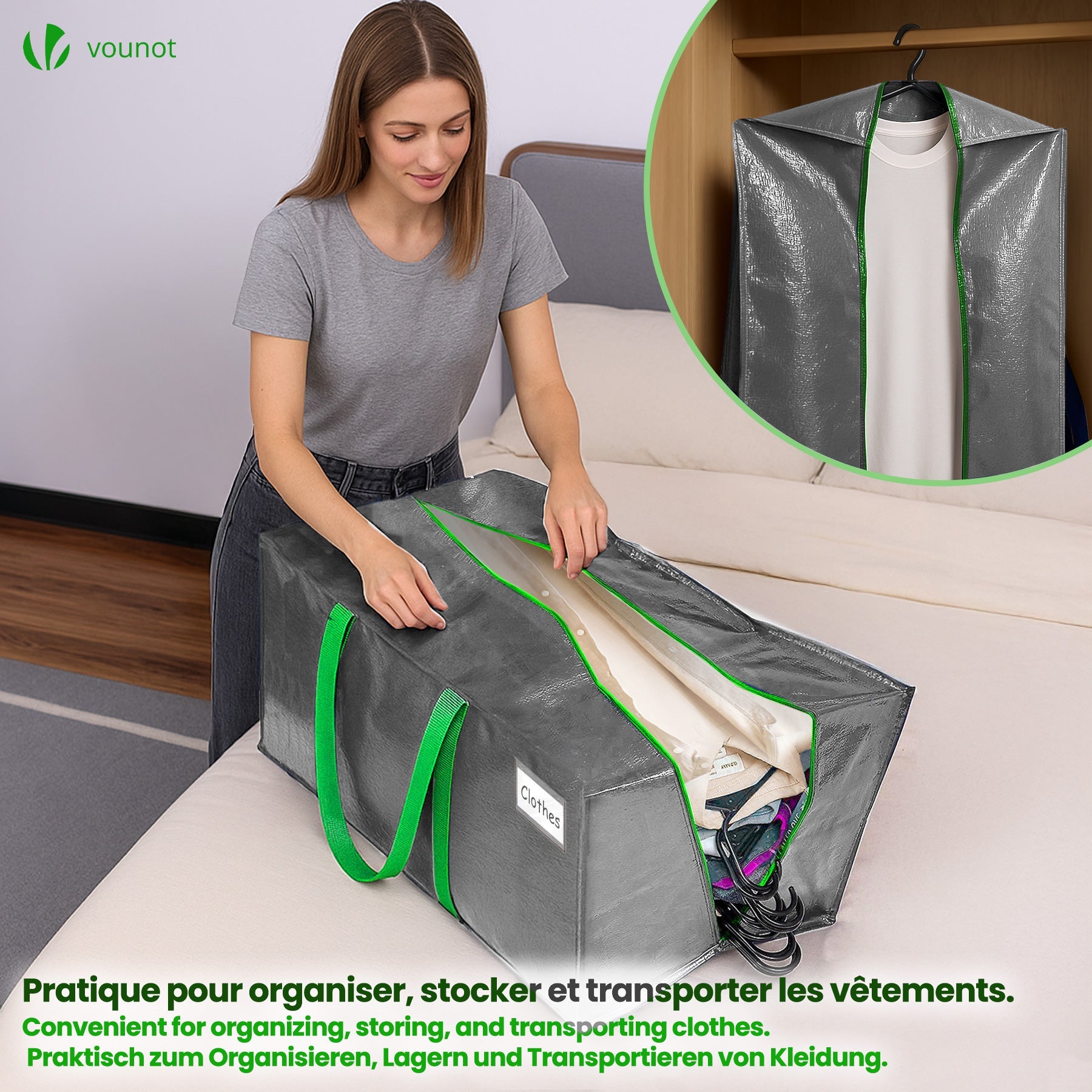 Lot de 5 sacs de déménagement grand format - sacs de rangement avec sangles de sac à dos et poignée - gris - VOUNOT® - 4