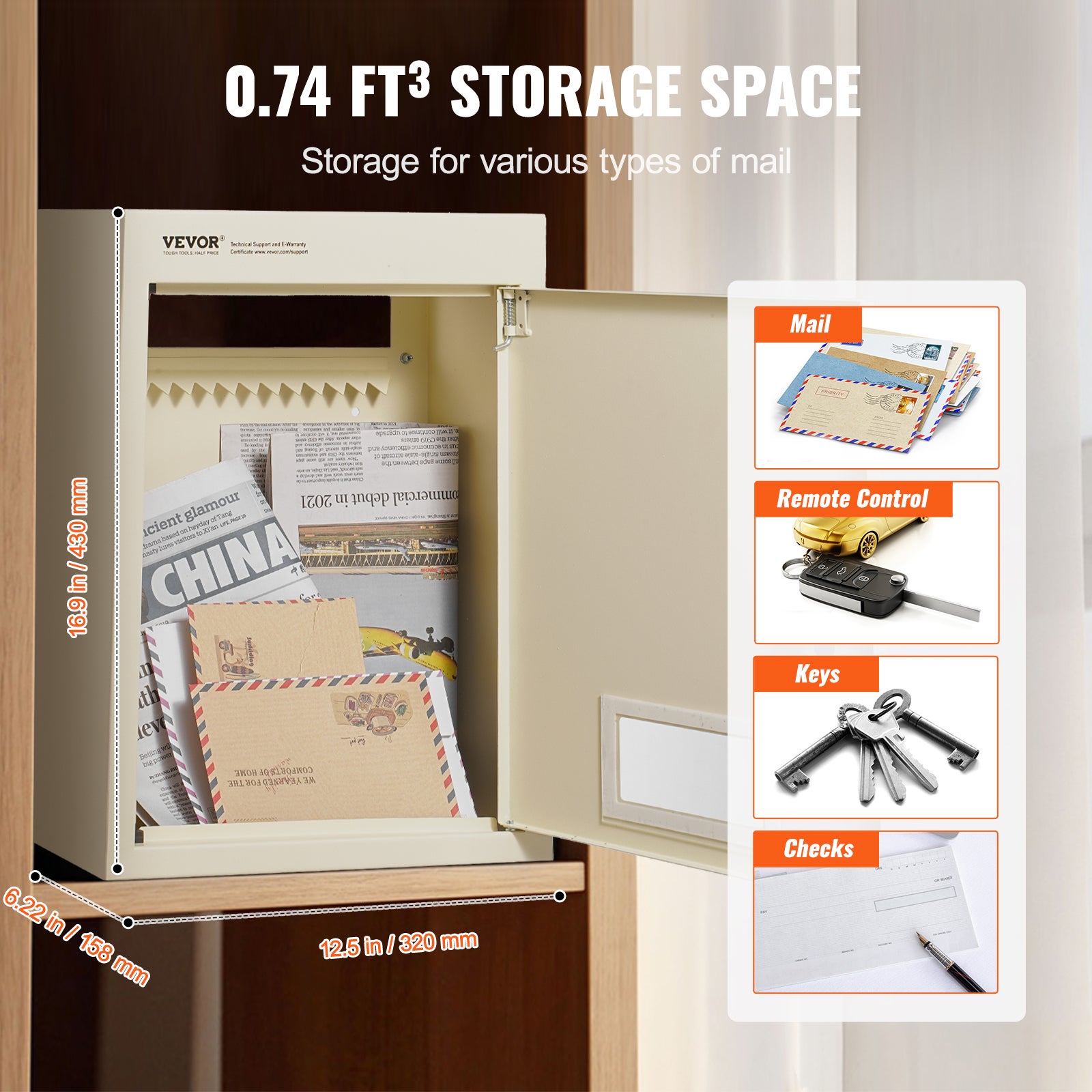 Boîte aux Lettres Encastrable Murale,VEVOR 320x158x430mm,Boîte Dépôt Courrier Travers Mur,70 à 200 mm,en Acier Robuste,Verrou à Code Combinaison,Beige - 3