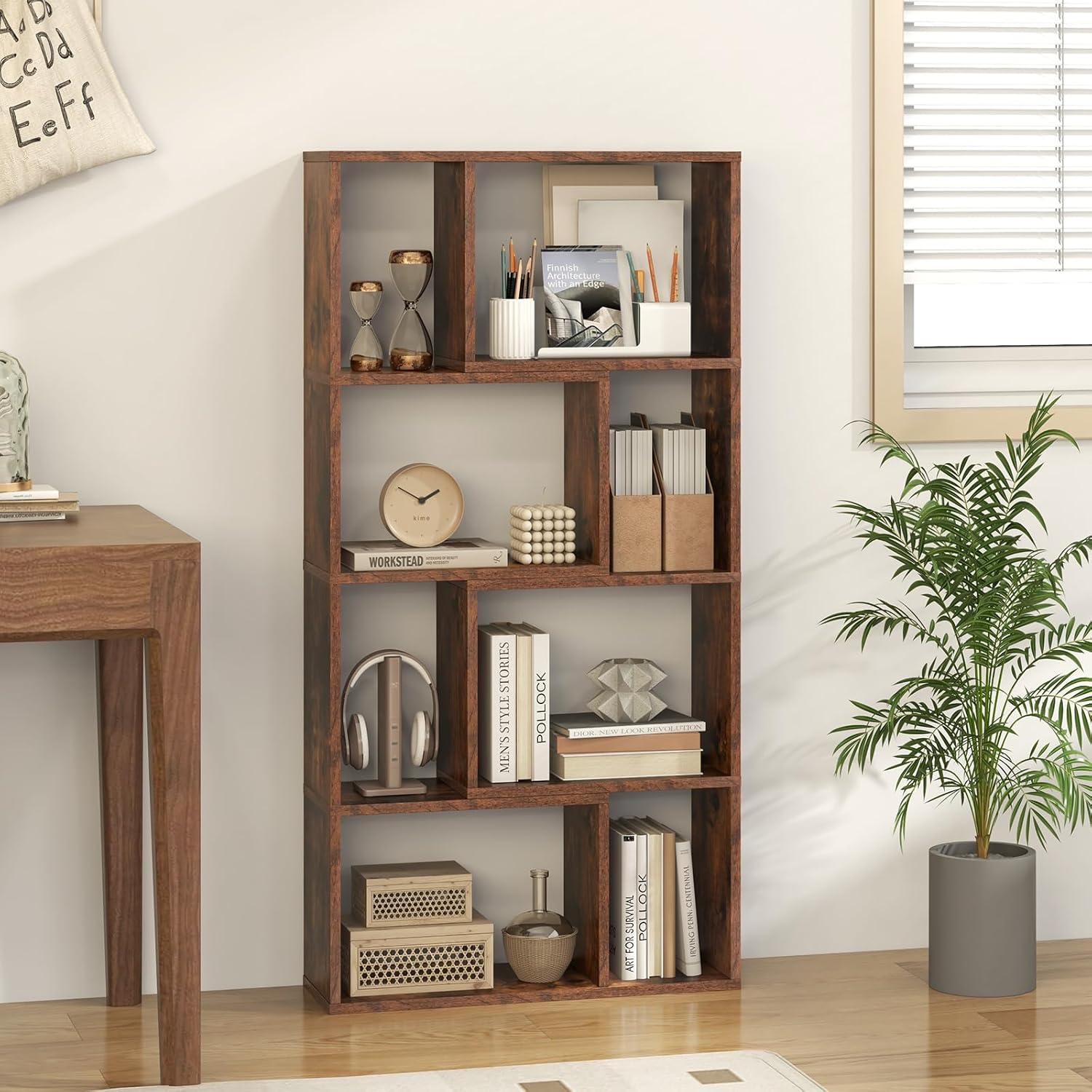 Bibliothèque Étagère à 8 Compartiments Ouvertes, Meuble de Rangement avec Kits Anti-basculement, pour Salon, Bureau, 20x60x120cm, Marron - 7