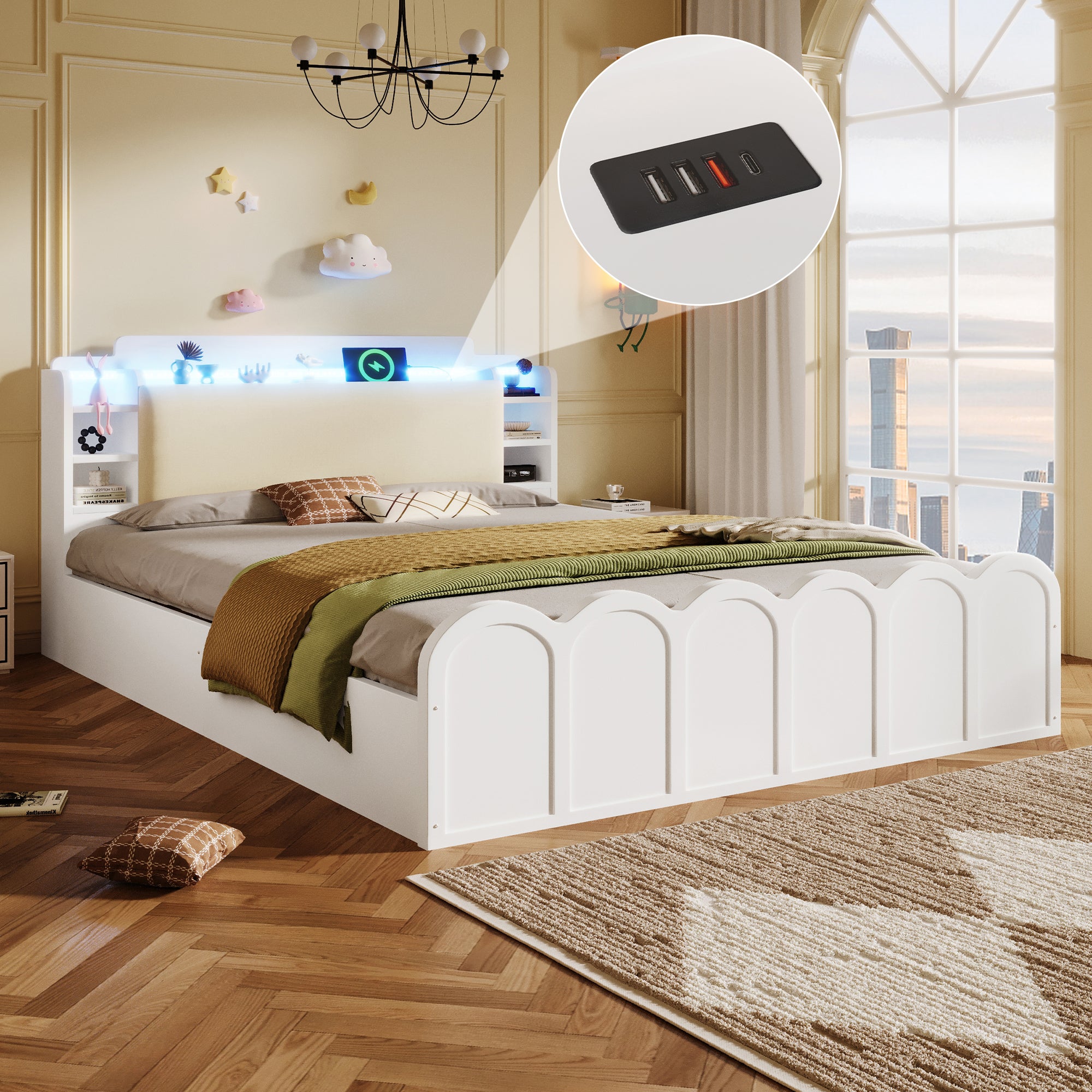 Łóżko z pojemnikiem 140x200 cm - z portem USB Type-C - z oświetleniem LED - wielofunkcyjne miejsce do przechowywania - biały​
