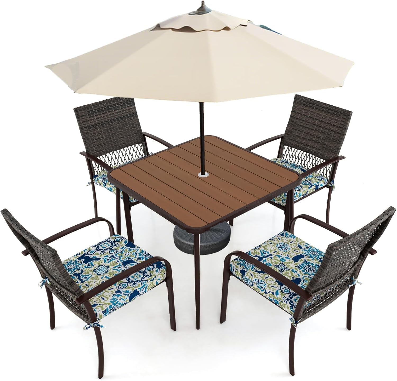 Mesă de grădină cu gaură 5cm pentru umbrelă, 4 scaune cu perne amovibile și spalabile, Salon de grădină exterior din rotin pentru 4 persoane