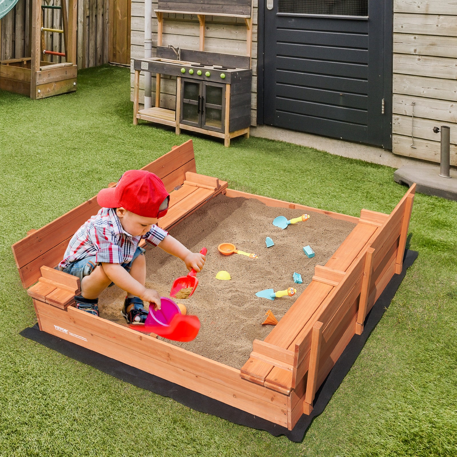 Bac à sable en bois naturel,VEVOR 1330 x 1200 x 430 mm,bac à sable avec banquettes pliables et doublure inférieure,pour jardin extérieur,plage,parc - 8