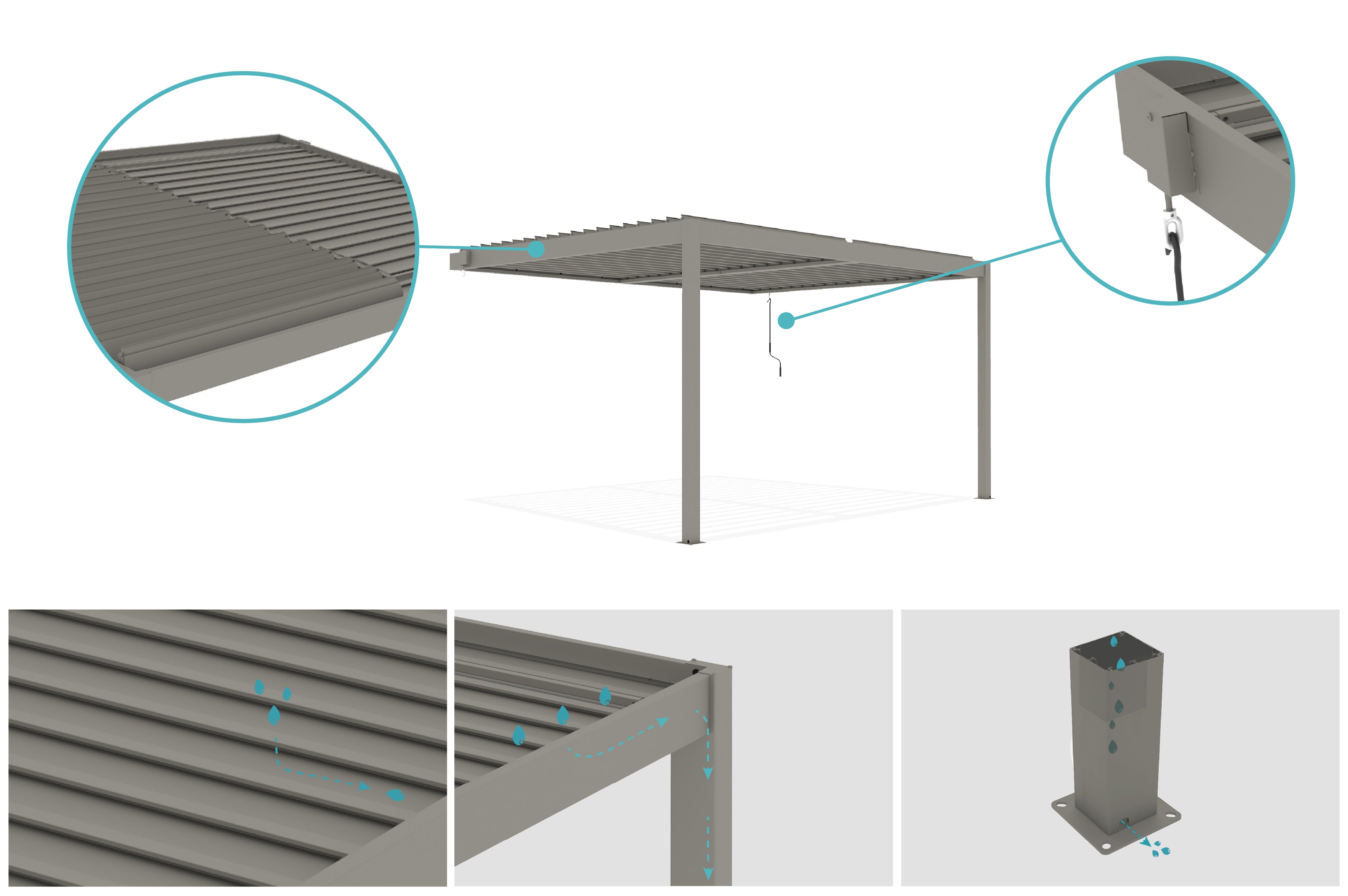 Pergola bioclimatica addossata PIANA 4x3m in alluminio tortora - lame orientabili - 6
