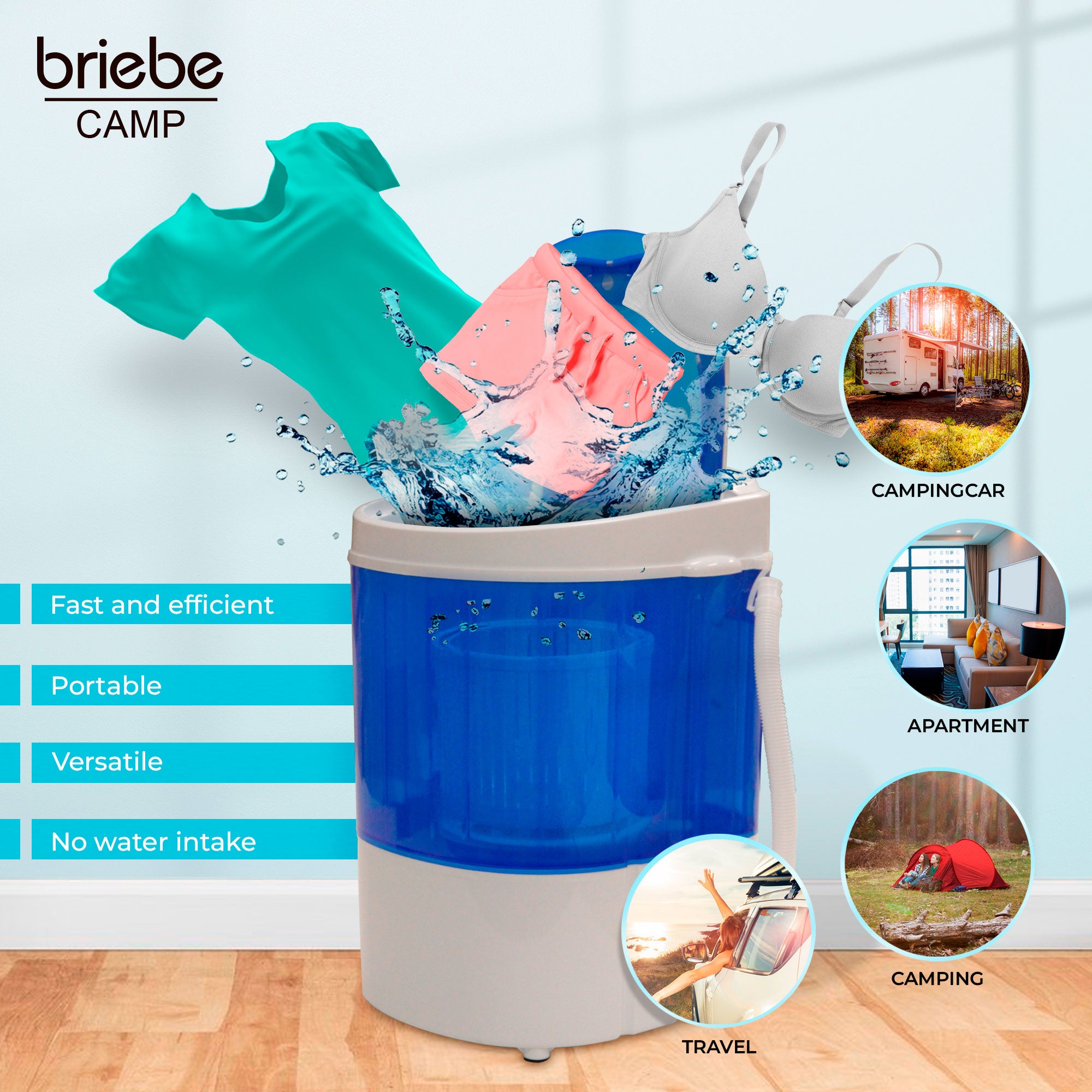Mini Máquina de Lavar Roupa Portátil com Centrifugadora, Ideal para Campismo Capacidade 3Kg Briebe Branco azul WM1111 150 W - 2