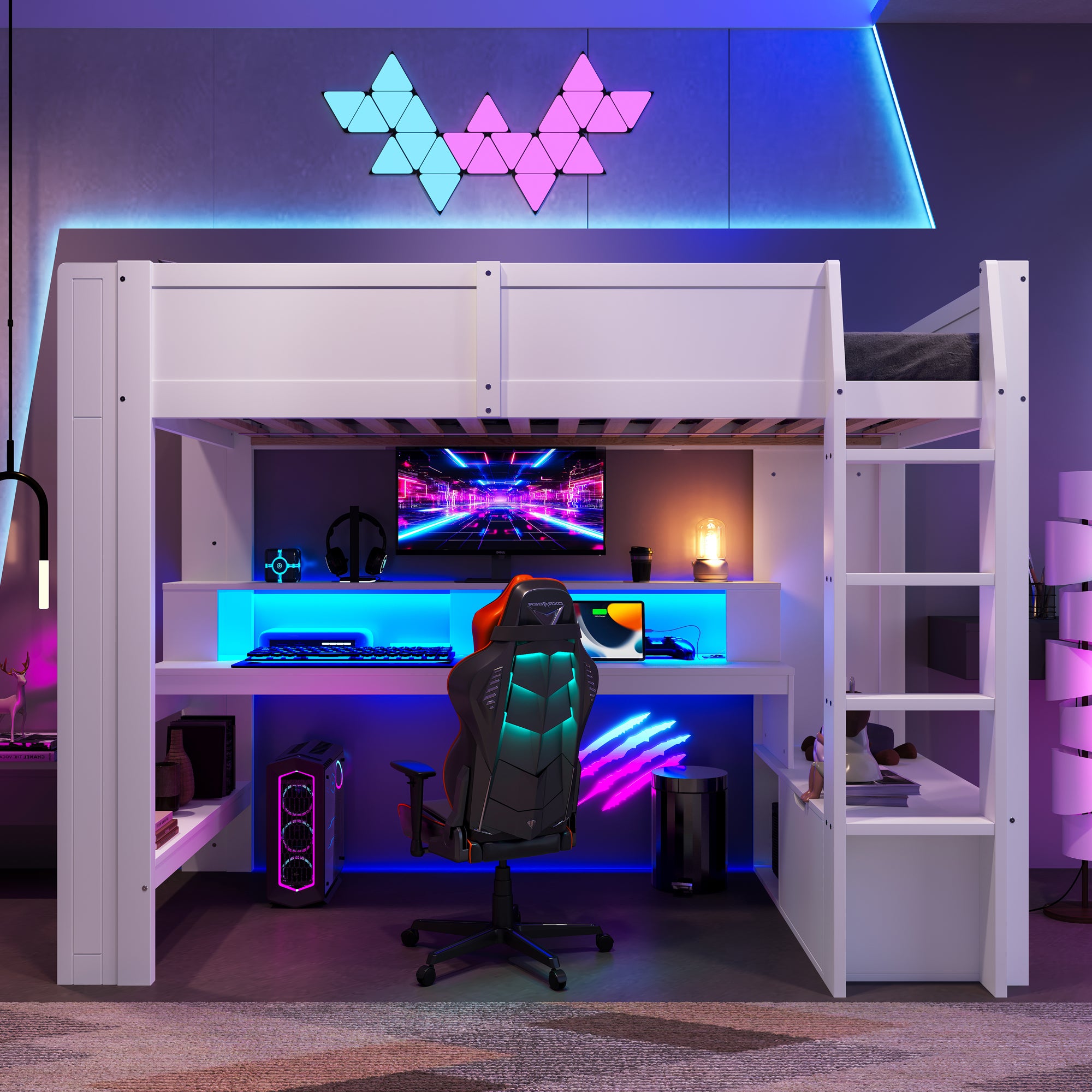 Lit Mezzanine 90x200 Cm - Avec éclairage LED - Avec Bureau - Avec 3 Tiroirs Blanc Sans Matelas