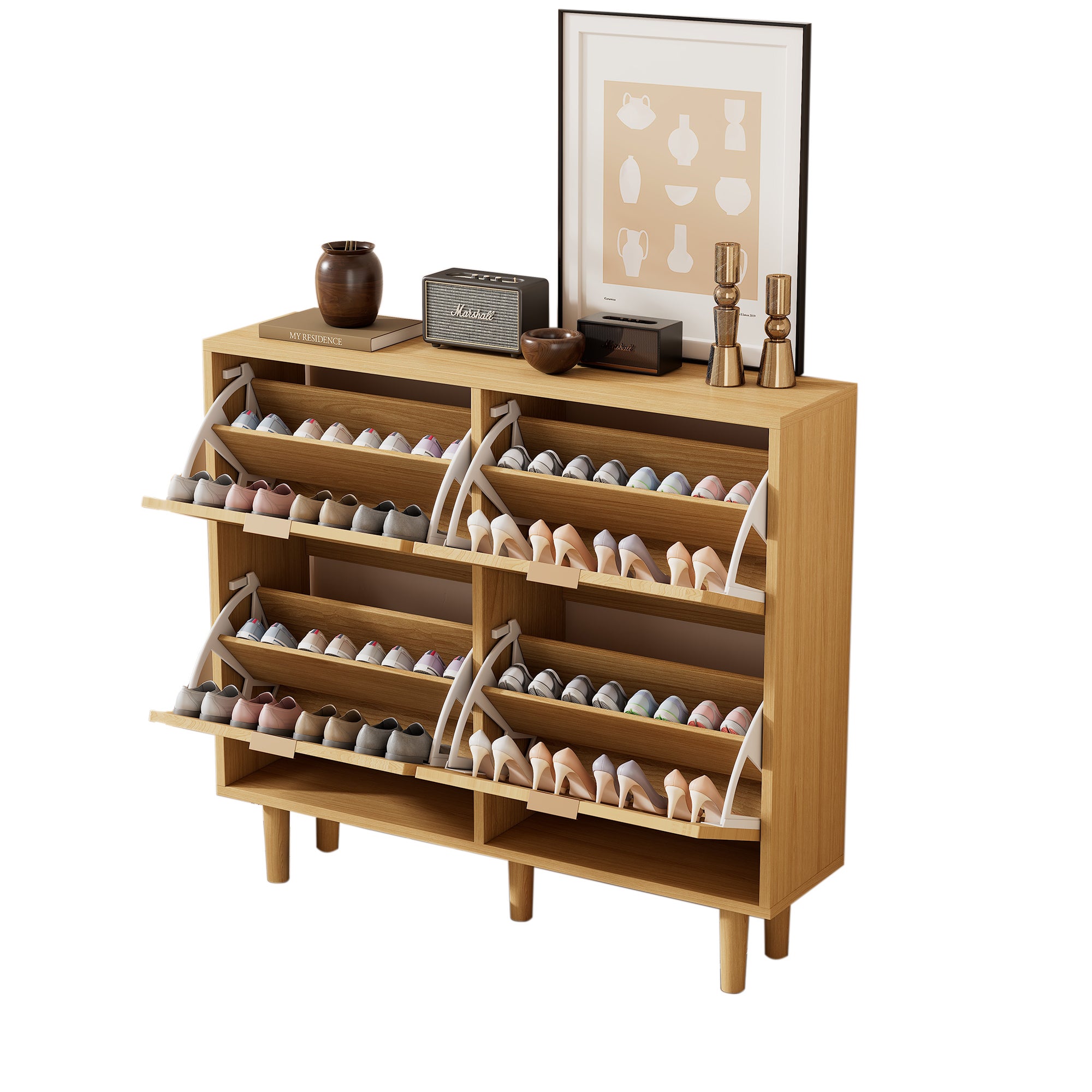 Meuble chaussures 100x25x90cm 4 tiroirs rabattables style campagne en rotin et bois entrée chambre salon - 2