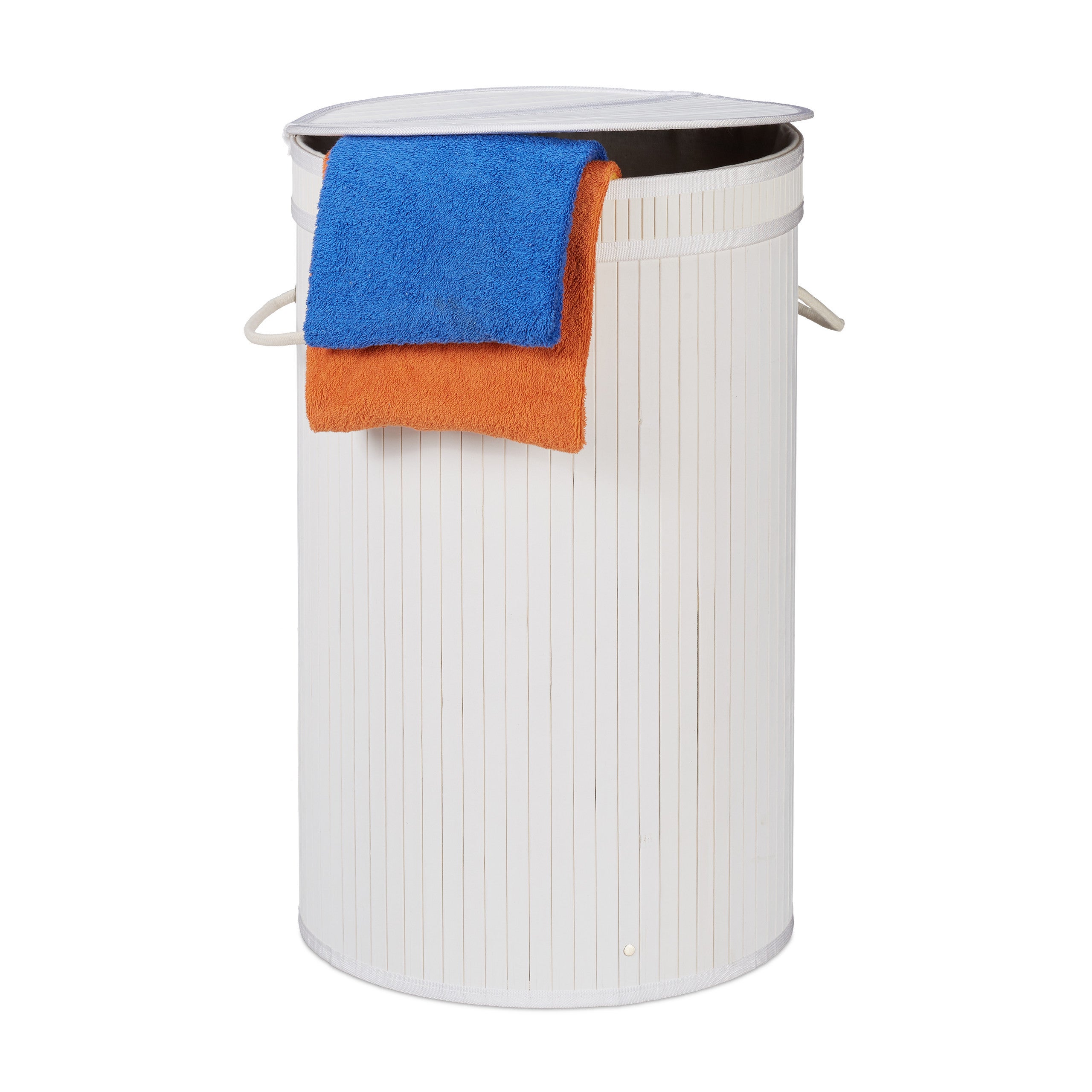Panier à Linge Bambou Relaxdays 65L - Pliable, Couvercle, Sac Amovible | Gris, Ø40cm