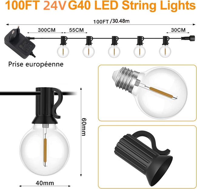 30M lampek ogrodowych, zewnętrznych, z 50+2 żarówkami LED G40, wodoodporność IP44, odpowiednie na tarasy i wesela - 4