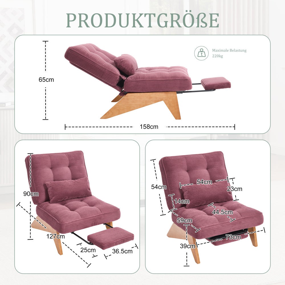 Fauteuil relax moderne en velours côtelé réglable avec repose-pieds, coussin lombaire et pieds en bois massif - 8