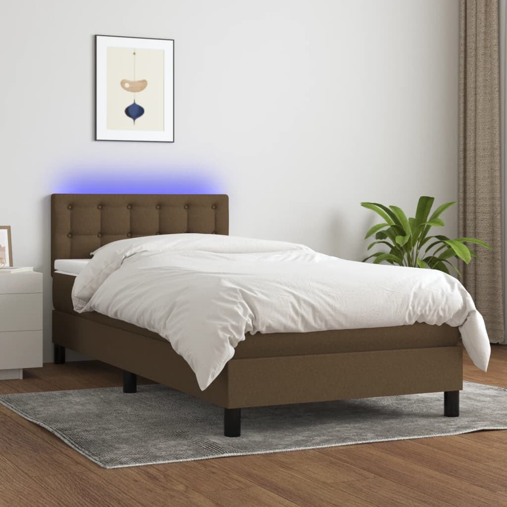 Cama Box Spring VidaXL Con Luces LED - Somier, Colchón De Muelles, Estructura Tela Marrón Oscuro, Medidas 90x190 Cm, Individual