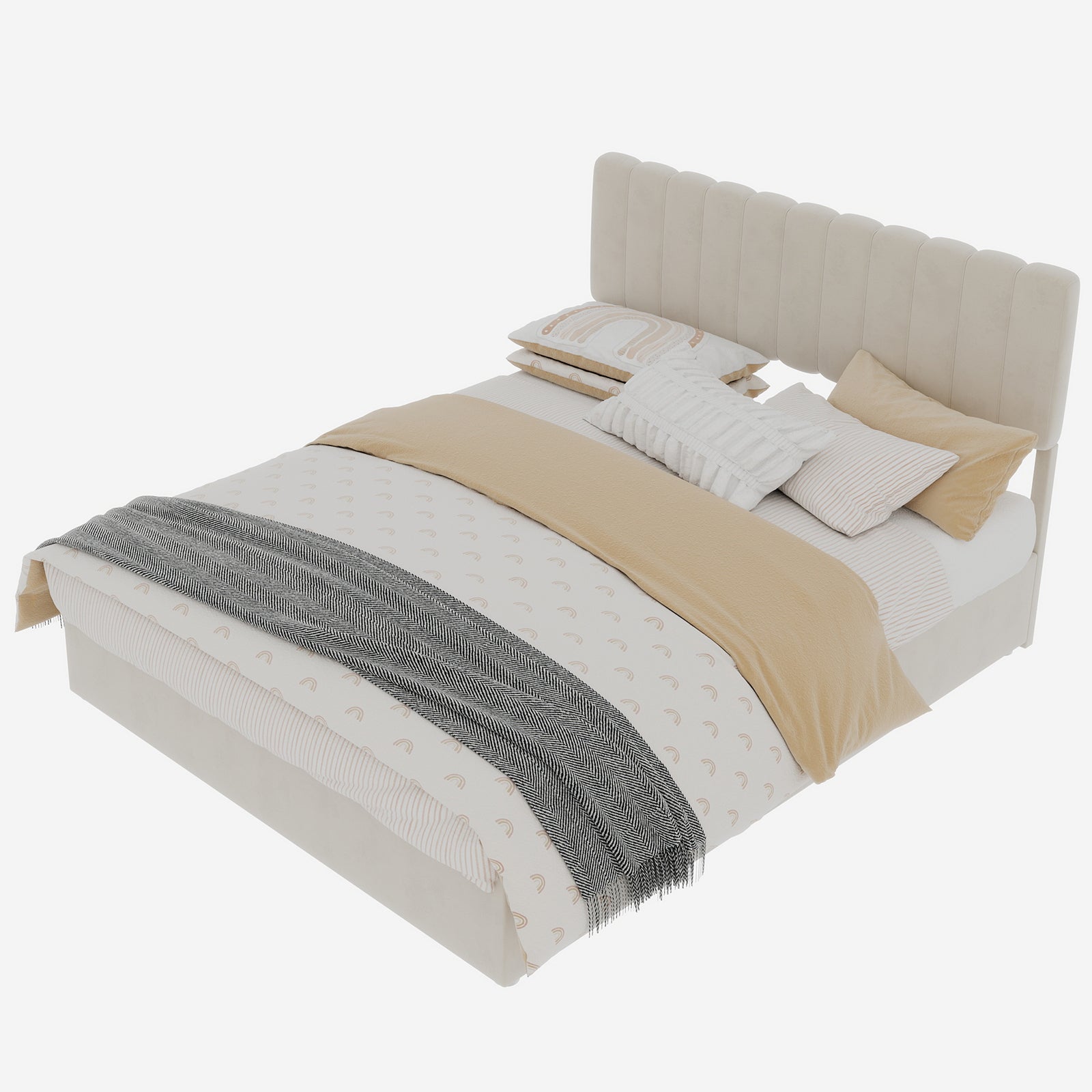 Letto contenitore matrimoniale 140x200 cm, testiera, meccanismo a gas, velluto beige, senza materasso - 5