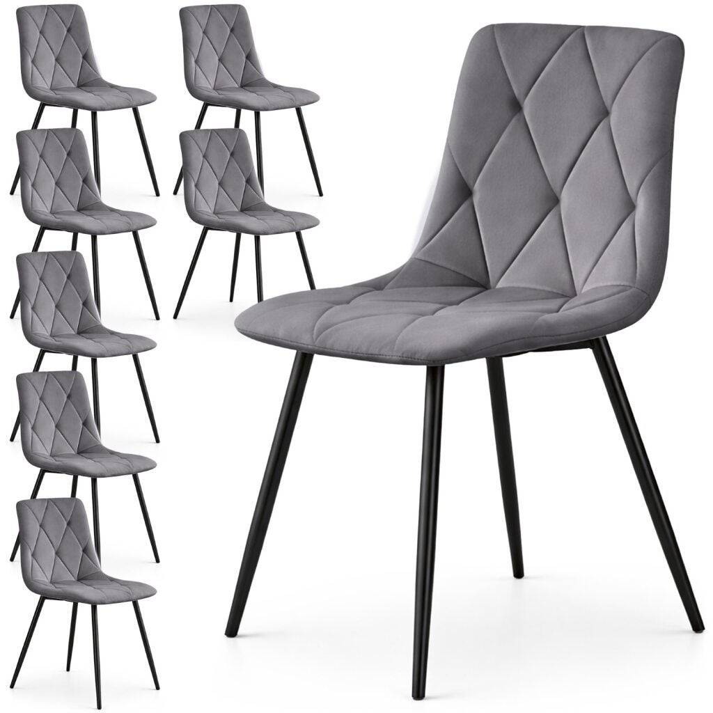 8x Welurowe krzesło tapicerowane pikowane Ciemny Grafit MILO Czarne nogi