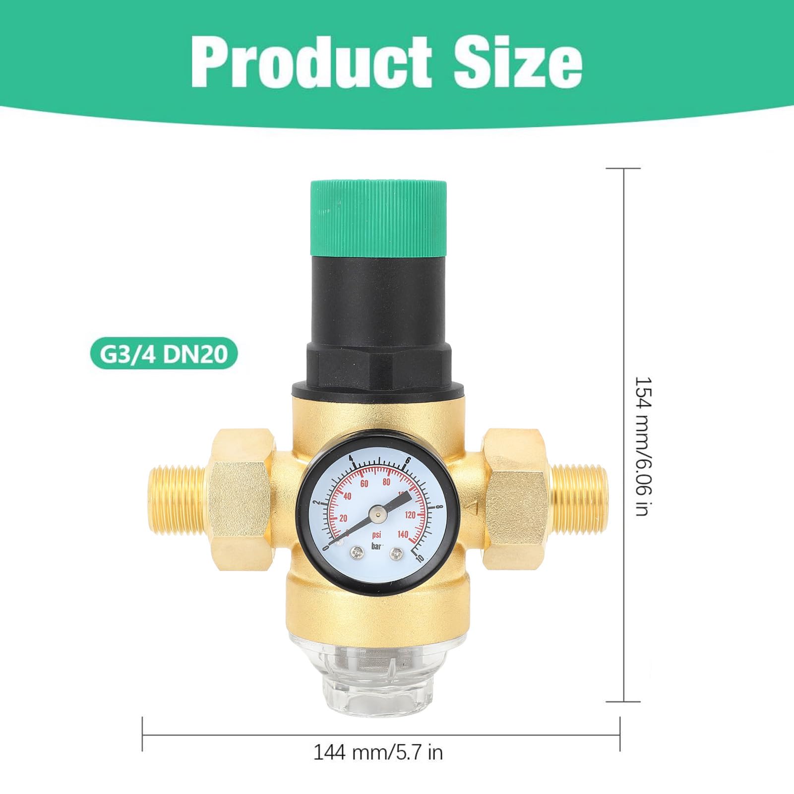 Régulateur de pression d'eau en laiton G3/4, vanne de réduction de pression d'eau avec manomètre, filtre à écran en acier inoxydable pour voyage en c - 6