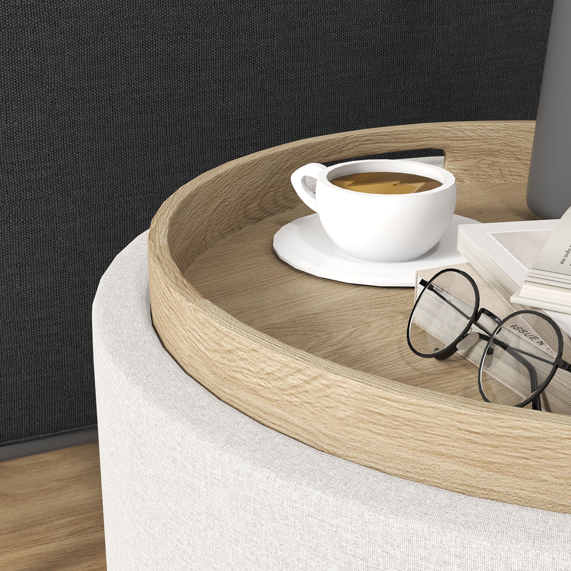 Tabouret rembourré en lin, rangement dissimulé, couvercle réversible, 56 cm x 56 cm x 42 cm, crème et naturel - 9