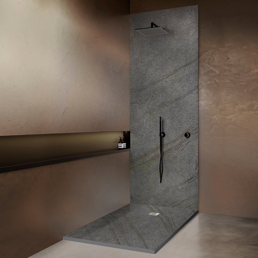 Receveur pierre naturelle ardoise claire 120 x 90 cm - grille carrée acier excentrée - 7