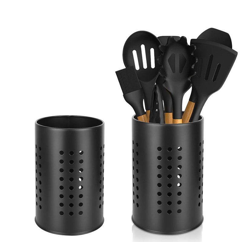 Zestaw 2 uchwytów na przybory kuchenne – Organizer kuchenny – Stal nierdzewna – 16 cm i 18 cm – Pasuje do chochli, szpatułek i innych – Czarny