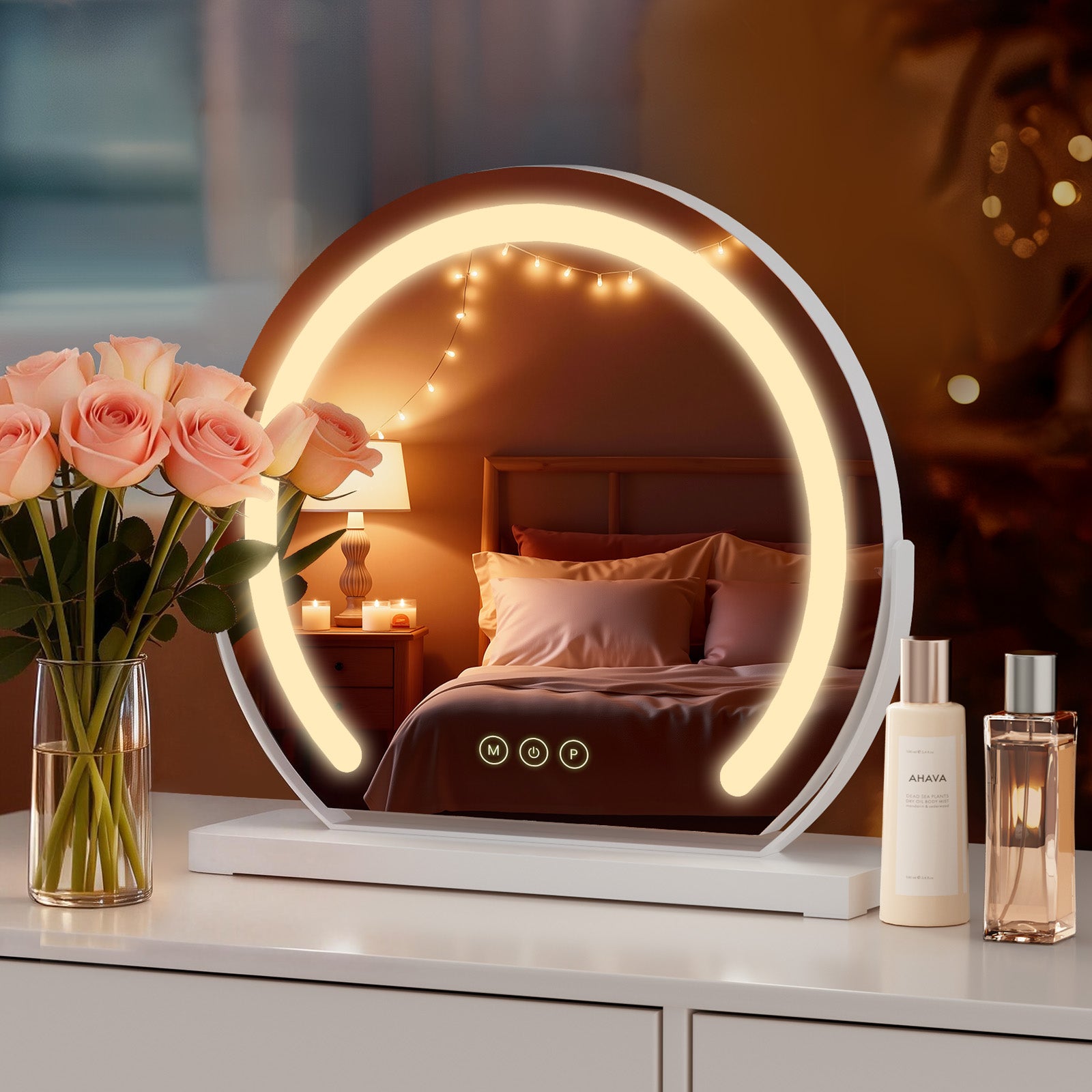 Lustro do makijażu LED okrągłe Φ40 cm z oświetleniem, 3 kolory światła, dotykowy włącznik, regulowana jasność i funkcja pamięci, biała rama